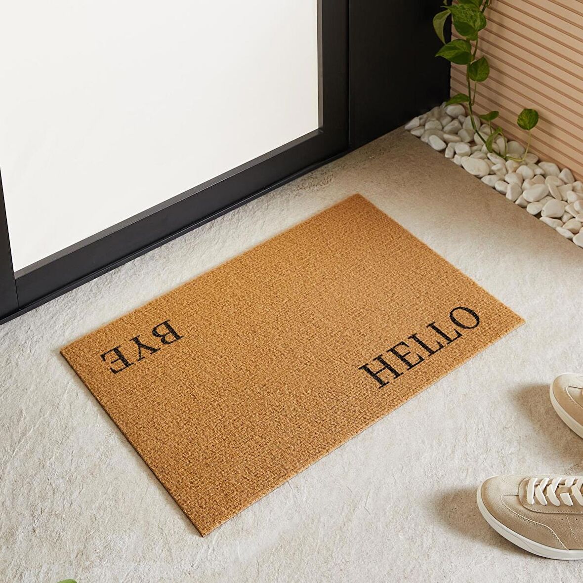 Ocean Home Textile 360 gr Kaymaz Tabanlı Bej Renk Hello Bye Kapı Önü Paspası 40 x 60 cm
