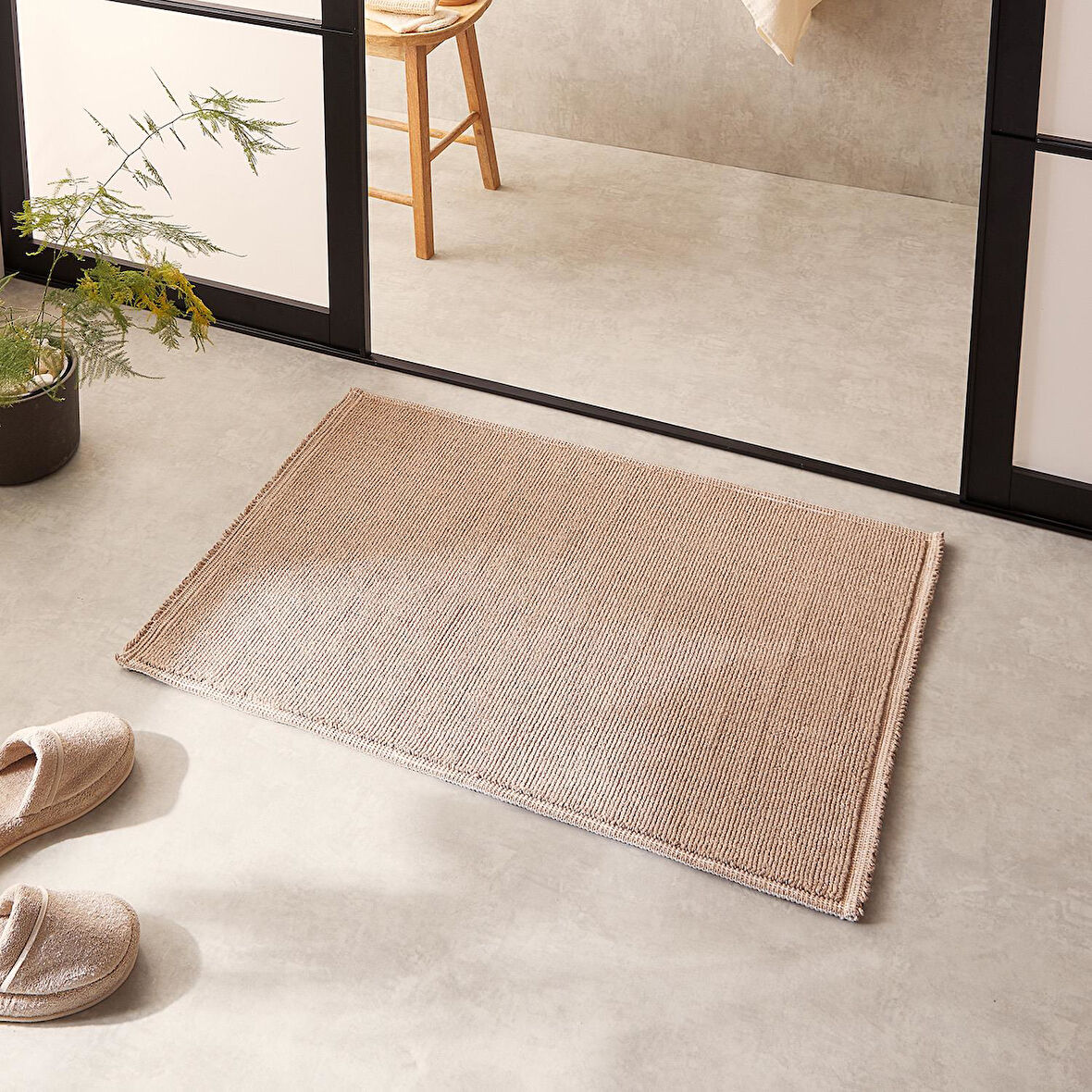 Ocean Home Textile Yıkanabilir Pamuklu Bej Renk Buklet Banyo Paspası 60 x 90 cm