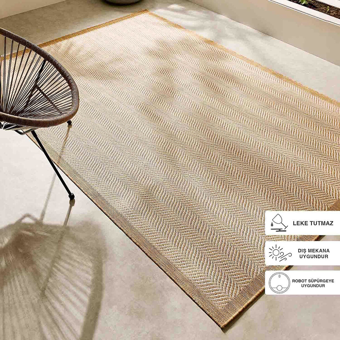 Ocean Home Textile Leke Tutmaz İç Dış Mekan Bej Renk Balıksırtı Halı Kilim 80 x 300 cm