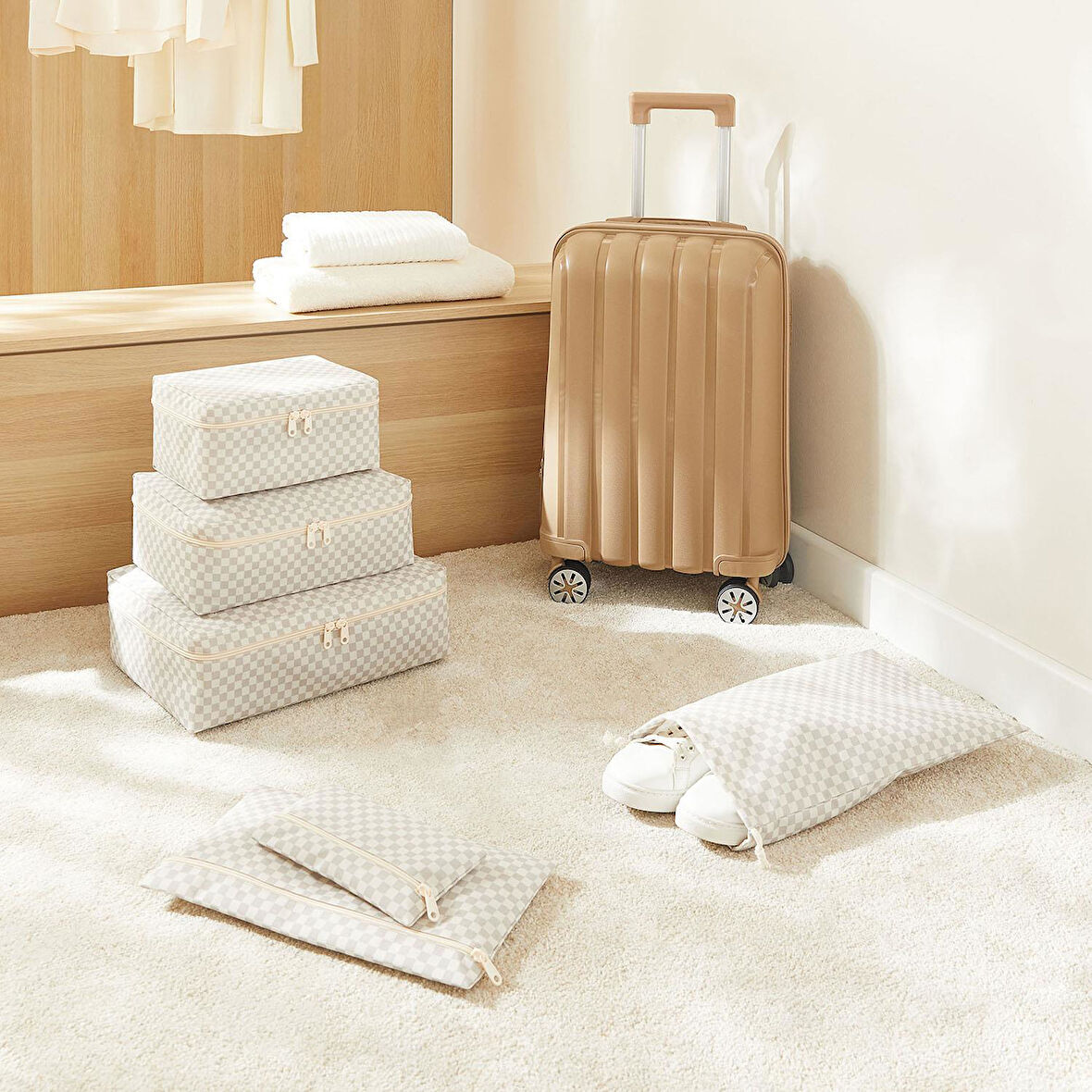 Ocean Home Textile 6'lı Yıkanabilir Gri Dama Desen Pamuklu Bavul İçi Düzenleyici Set