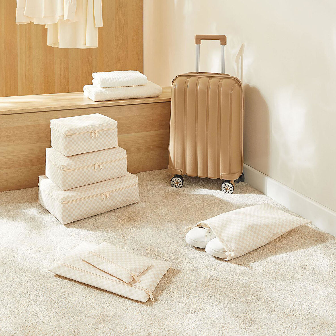 Ocean Home Textile 6'lı Yıkanabilir Bej Dama Desen Pamuklu Bavul İçi Düzenleyici Set