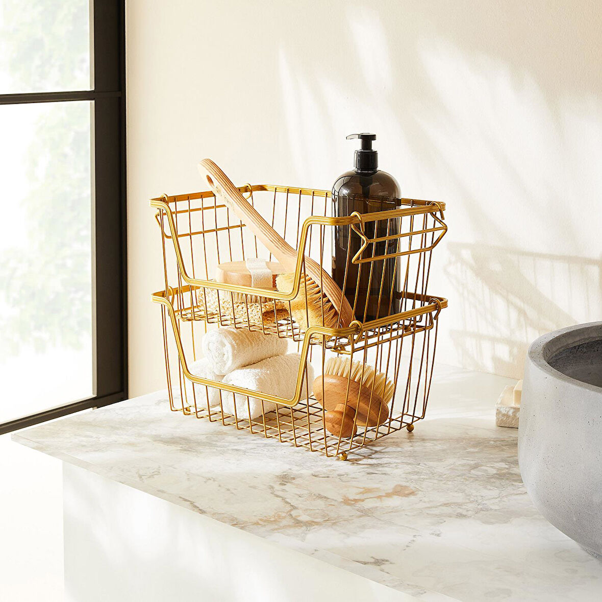 Ocean Home Textile Altın Renk Metal Sepet Set 32 x 22 x 16 cm