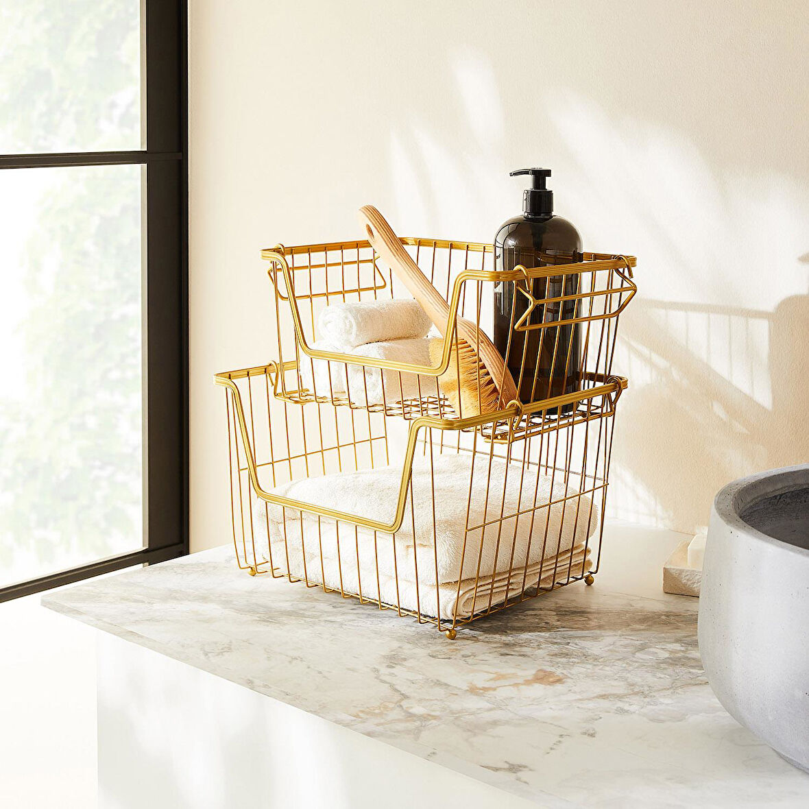 Ocean Home Textile 2'li Altın Renk Metal Sepet Set 32 x 22 x 16 / 33 x 27 x 20 cm