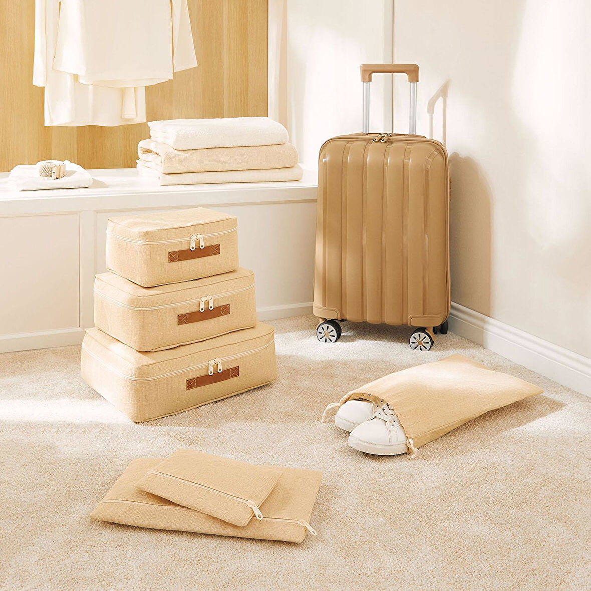 Ocean Home Textile 6'lı Jüt Keten Kumaş Bavul İçi Düzenleyici Set