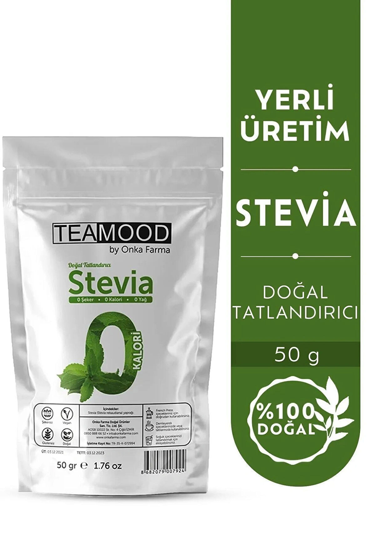 TEAMOOD Stevia Doğal Tatlandırıcı Şeker Otu Yağı - Şekersiz Kalorisiz Yağsız Vegan Stevya Yaprağı - 50 gr