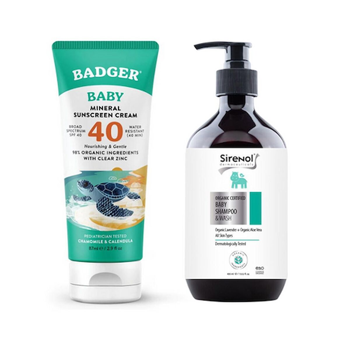 Badger Bebek Güneş Kremi SPF40 ve Sirenol Organik Bebek Şampuanı Set 87 mL / 400 mL