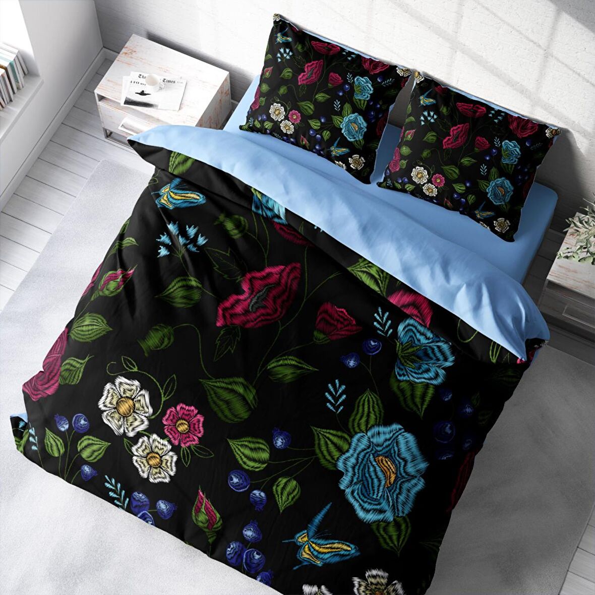 Monohome Flower Black 3D Temalı Pamuk Saten Çift Kişilik Nevresim Takımı