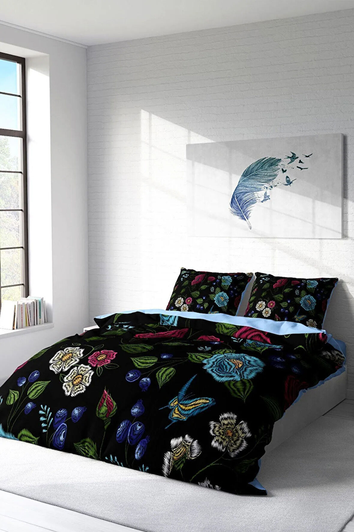 Nevresim Takımı %100 Doğal Pamuk Çift Kişilik 3d Digital Flower Black