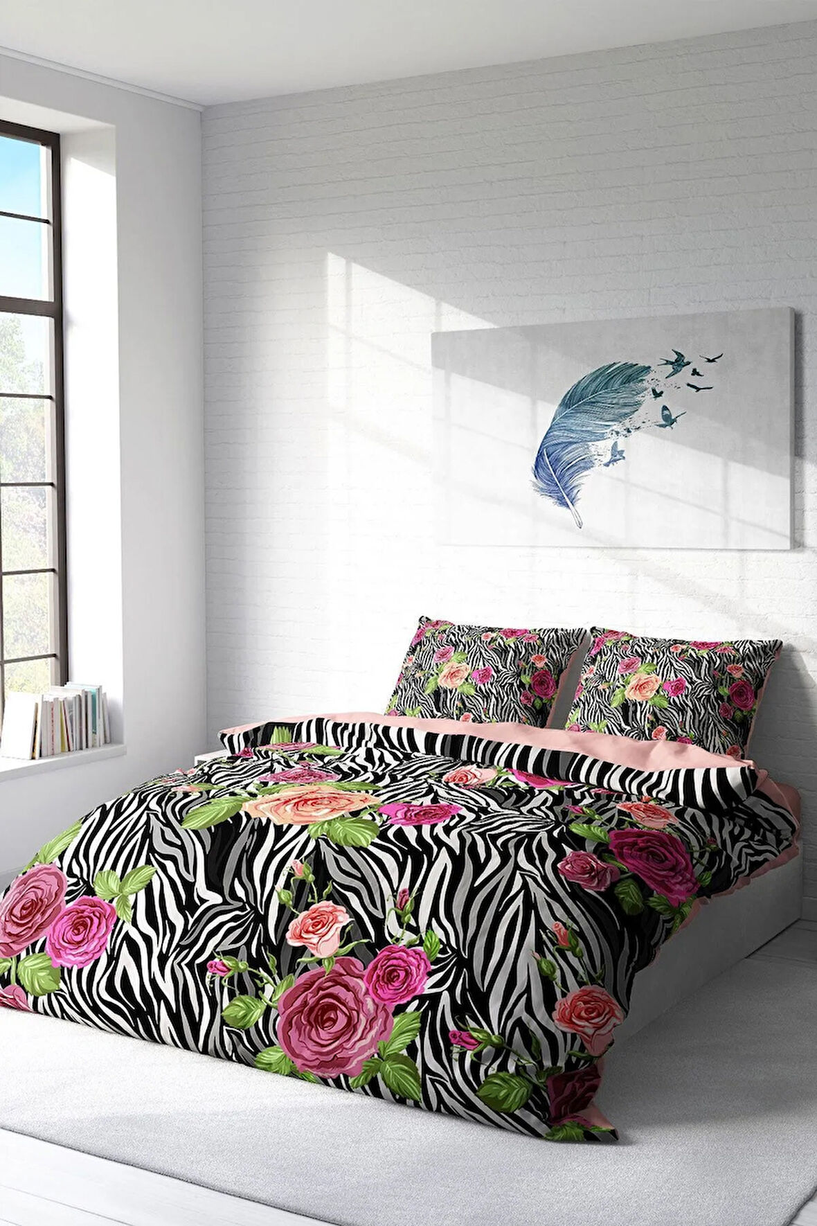 Nevresim Takımı %100 Doğal Pamuk Çift Kişilik 3d Digital Zebra Flower