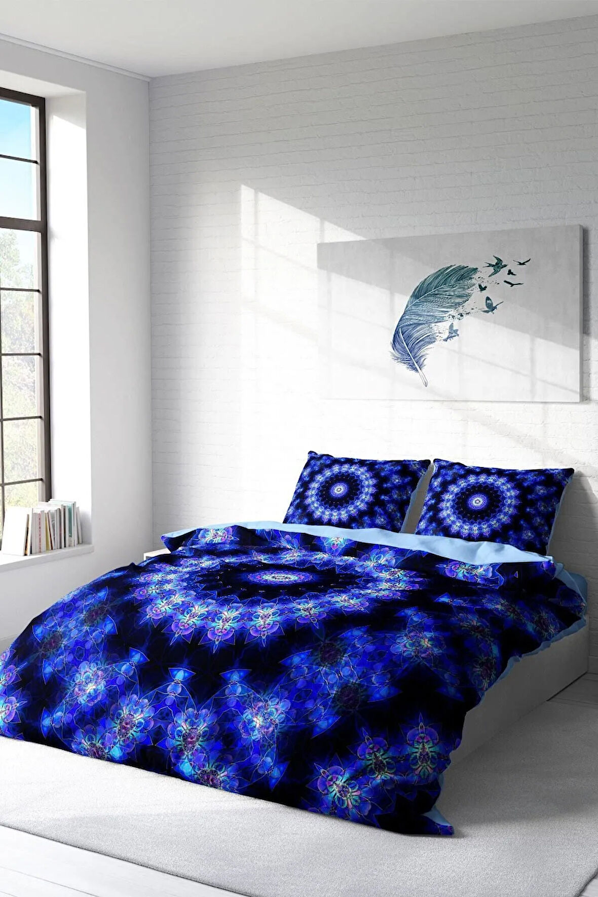 Nevresim Takımı %100 Doğal Pamuk Çift Kişilik 3d Digital Blue Damask