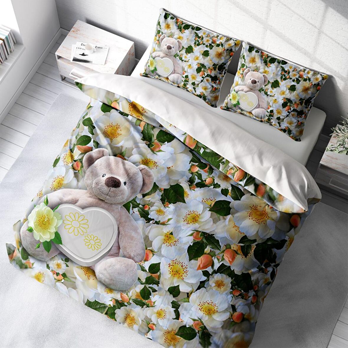 Monohome Flower Bear Çiçekli Pamuk Saten Çift Kişilik Nevresim Takımı