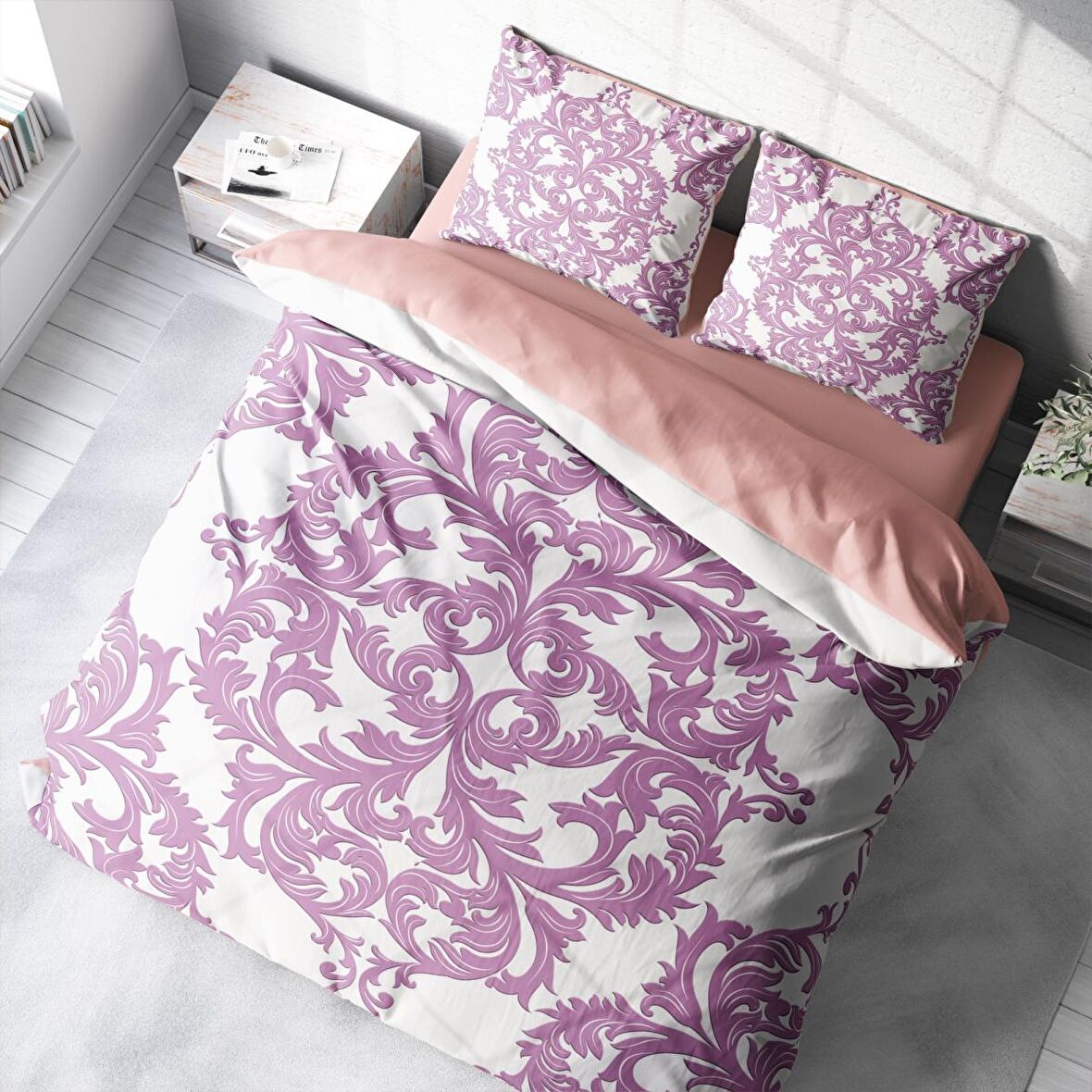 Monohome Pink Damask 3D Temalı Pamuk Saten Çift Kişilik Nevresim Takımı