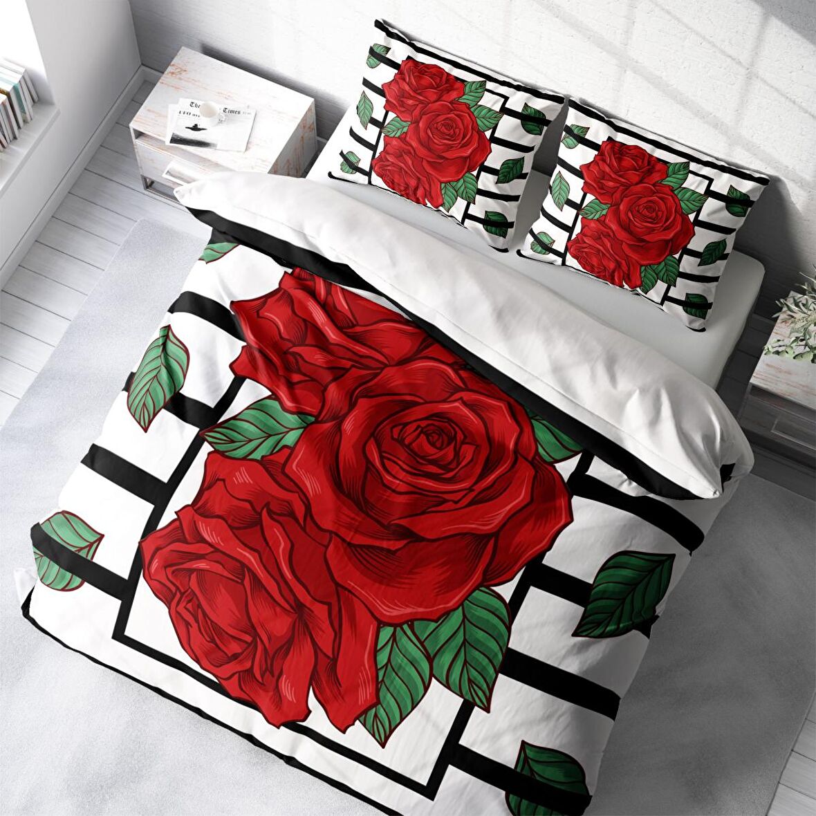 Monohome Rose Box Çiçekli Pamuk Saten Çift Kişilik Nevresim Takımı