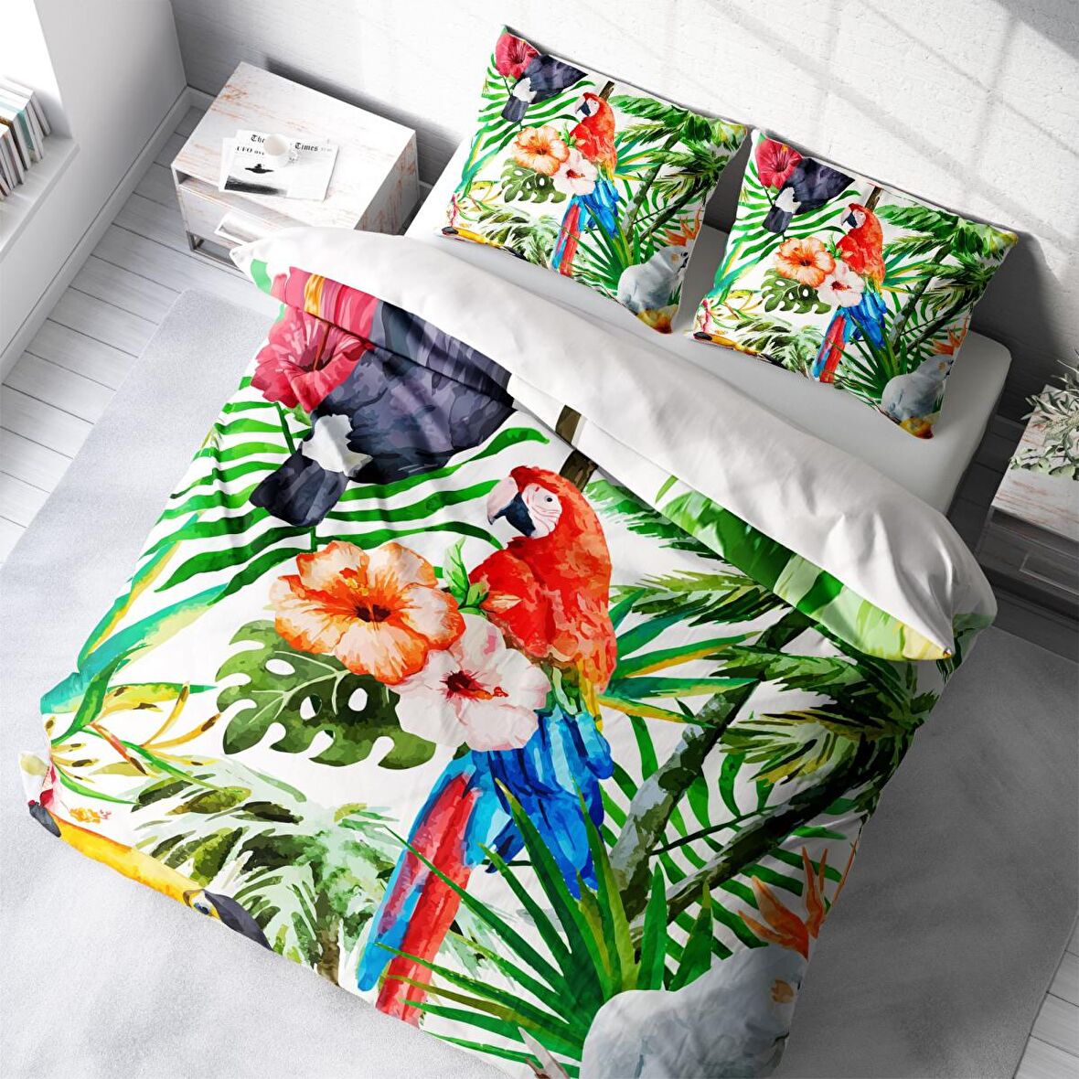 Monohome Green White Doğa Temalı Pamuk Saten Çift Kişilik Nevresim Takımı