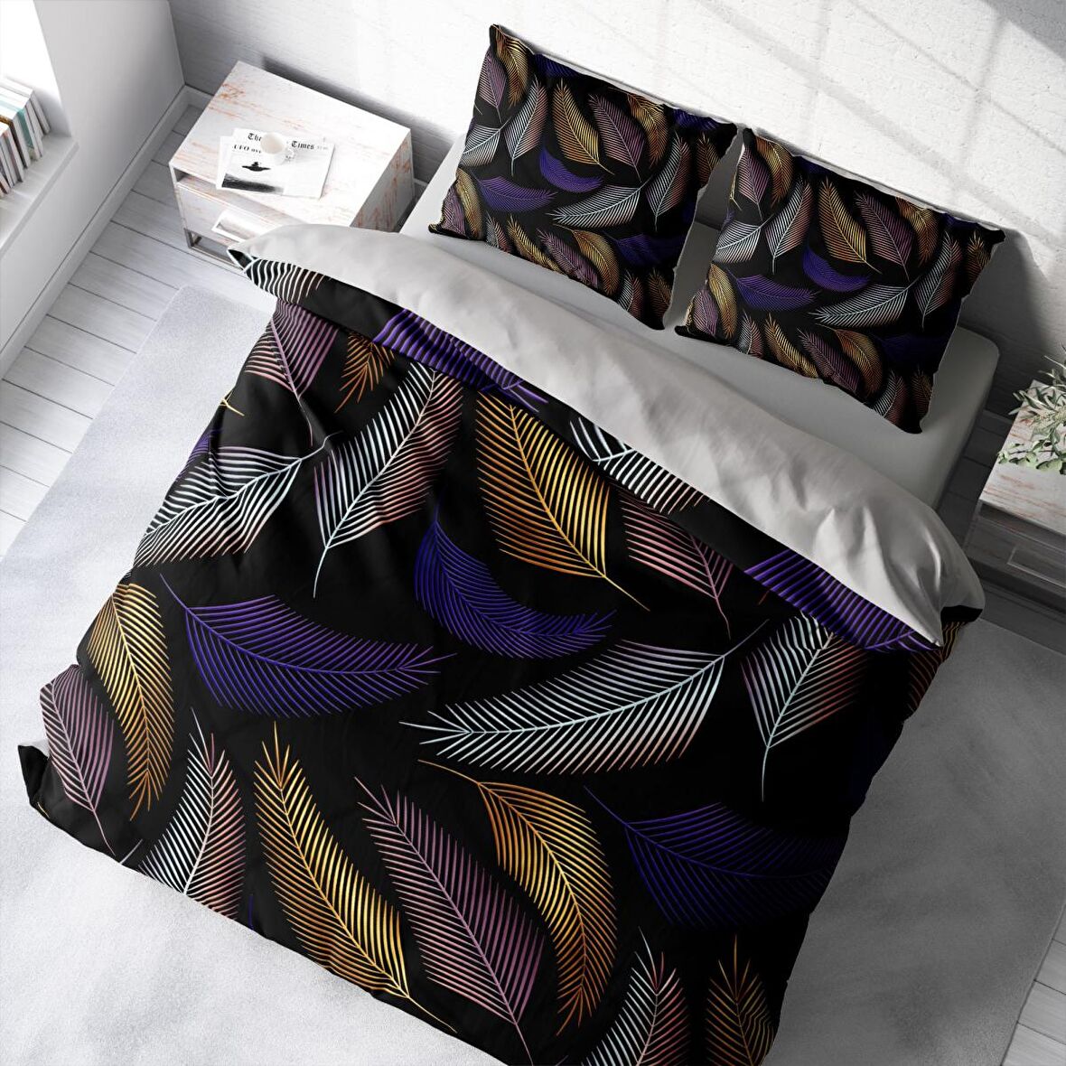 Monohome Color Leaf Yapraklı Pamuk Saten Çift Kişilik Nevresim Takımı