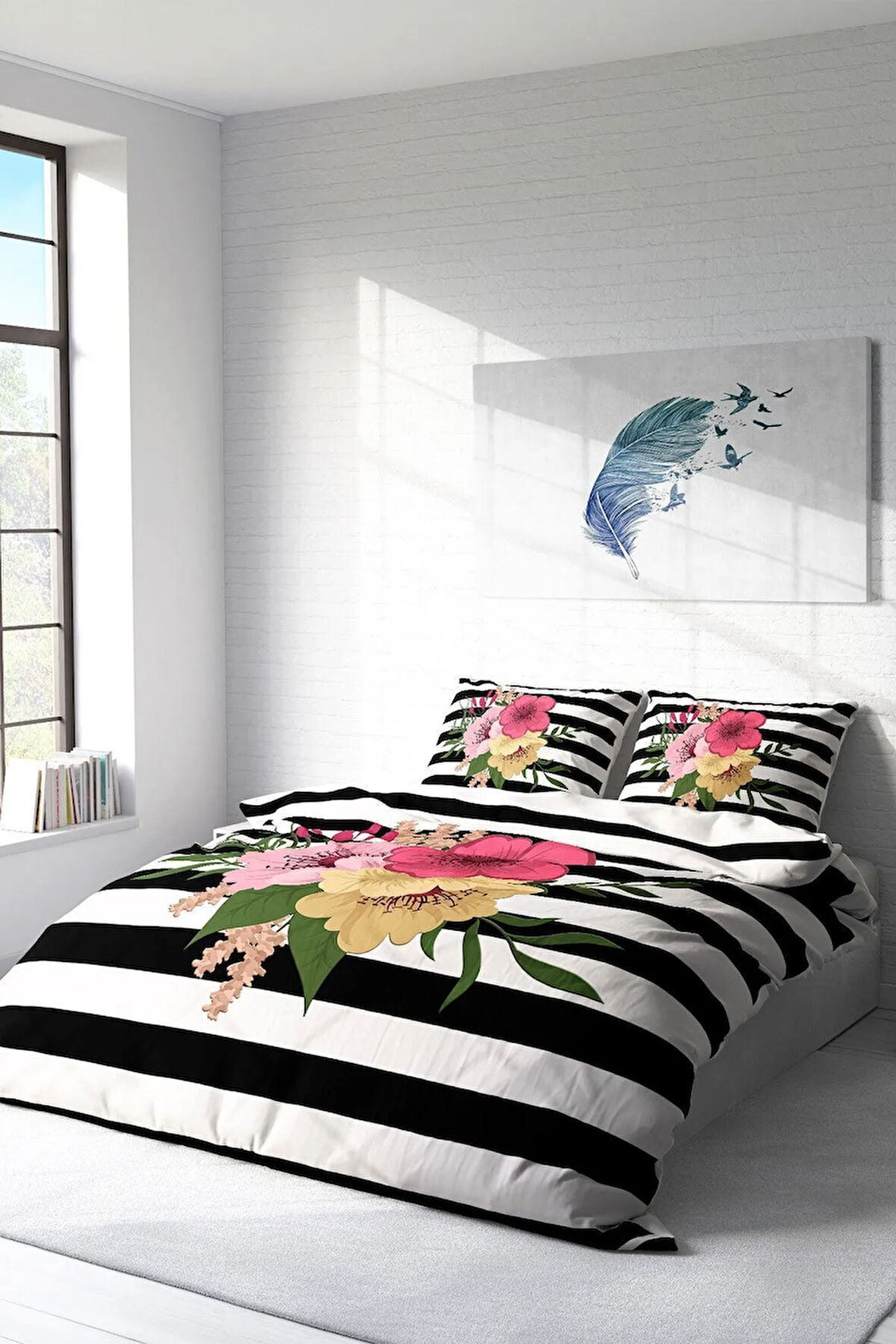 Nevresim Takımı %100 Doğal Pamuk Çift Kişilik 3d Digital Flower Line