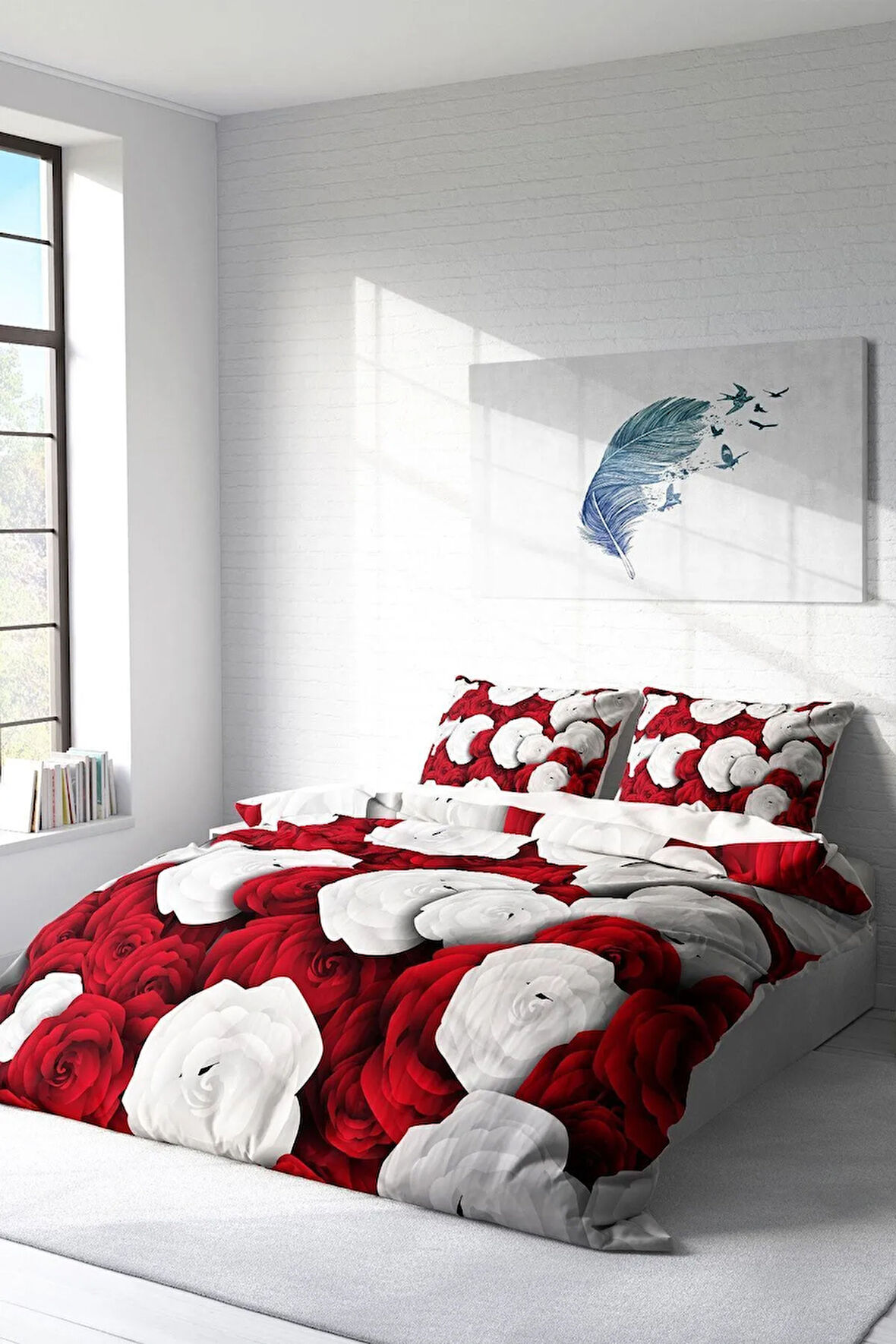 Nevresim Takımı %100 Doğal Pamuk Çift Kişilik 3d Digital White & Red