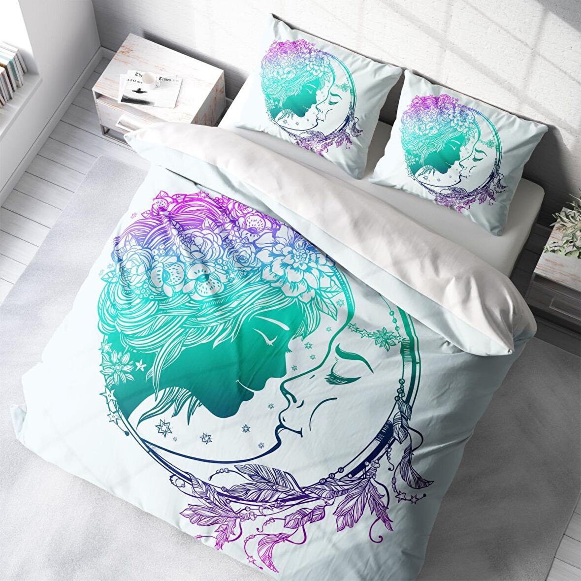 Monohome Moon Ay Temalı Pamuk Saten Çift Kişilik Nevresim Takımı