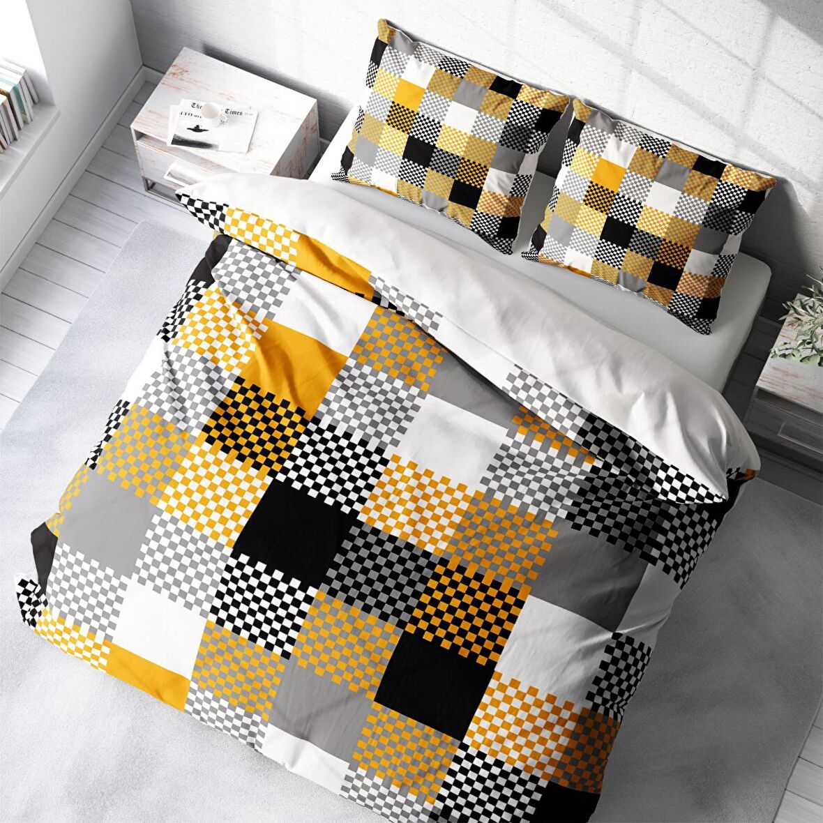 Monohome Checkers 3D Temalı Pamuk Saten Çift Kişilik Nevresim Takımı