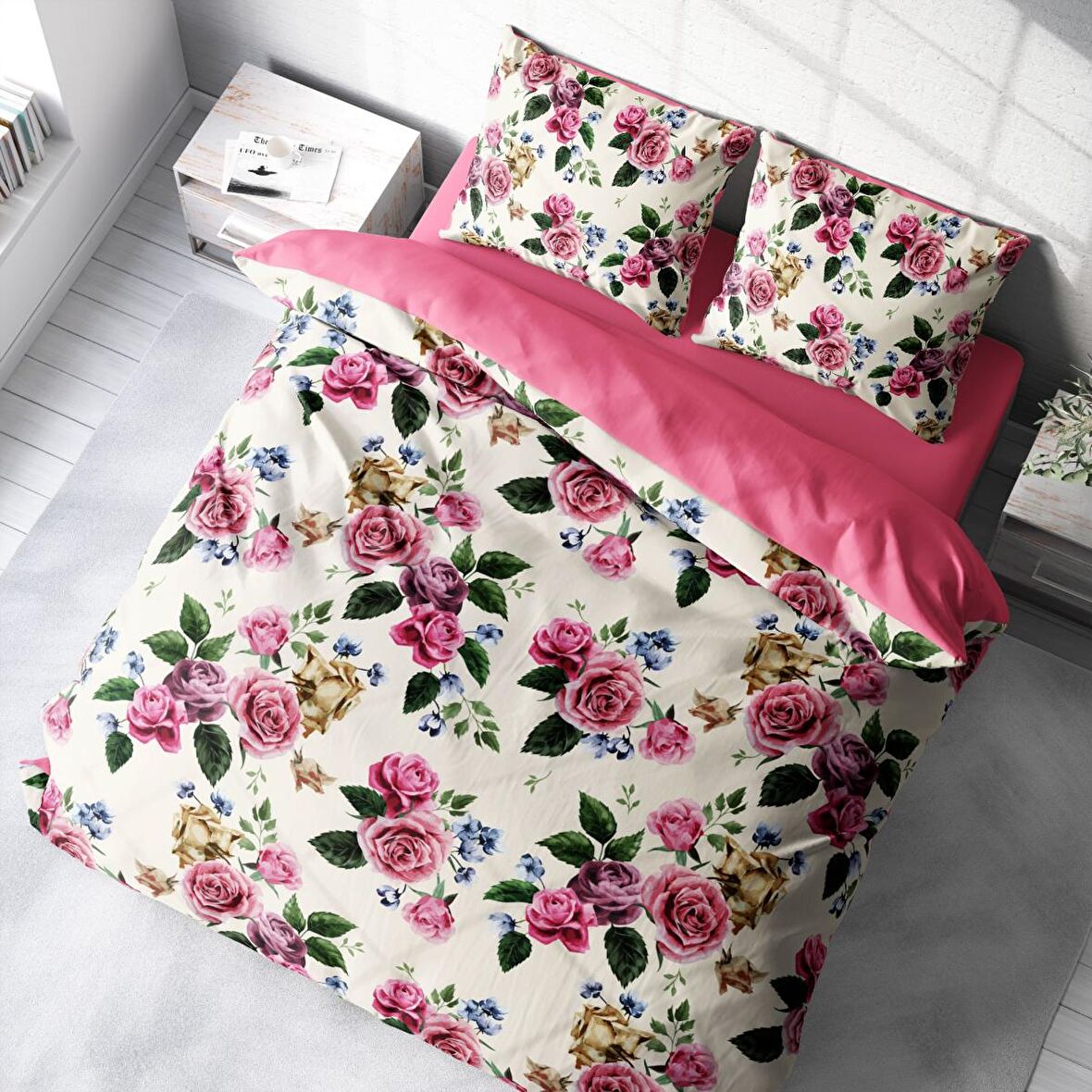 Monohome Pinkrose Çiçekli Pamuk Saten Çift Kişilik Nevresim Takımı