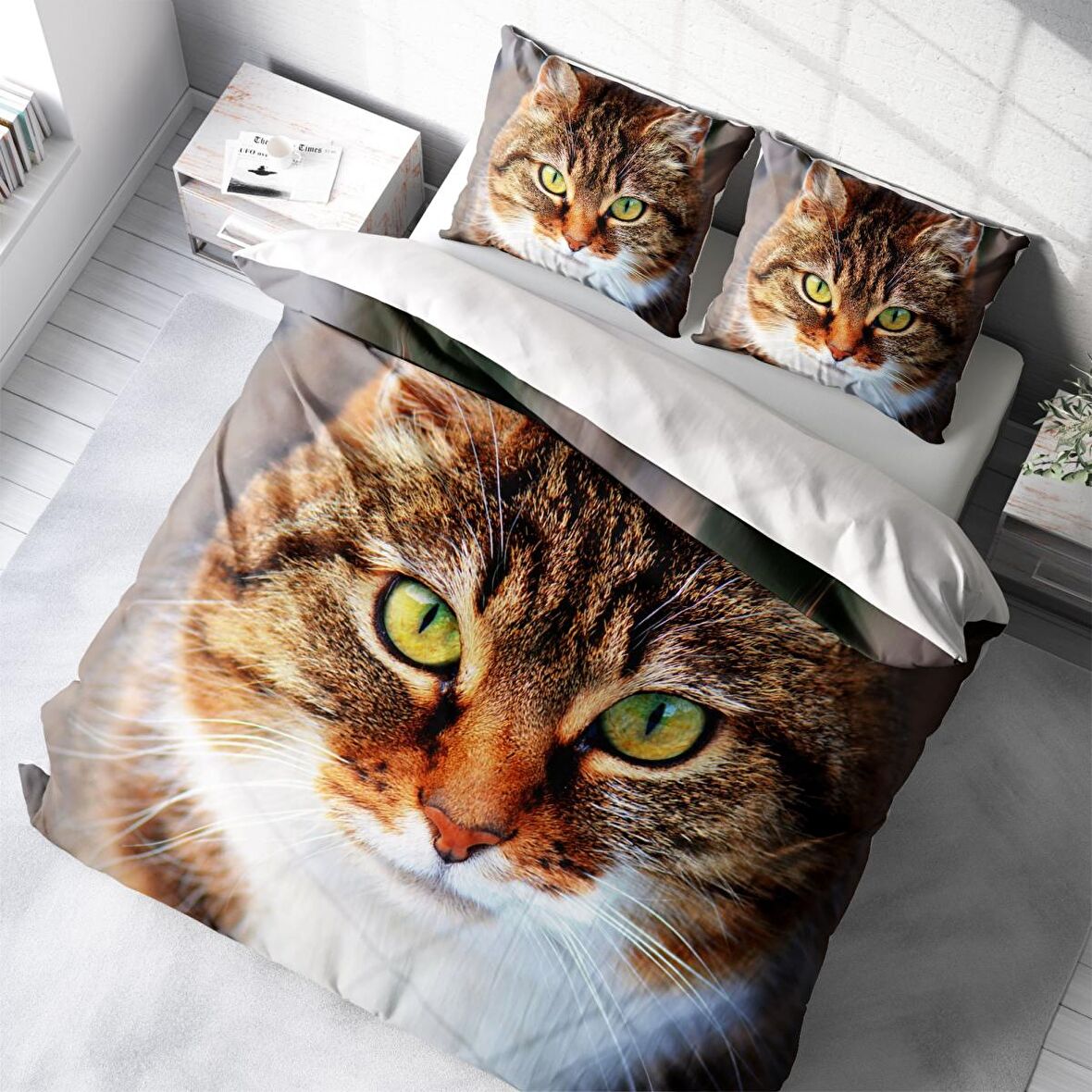 Monohome Tabby 3D Temalı Pamuk Saten Çift Kişilik Nevresim Takımı