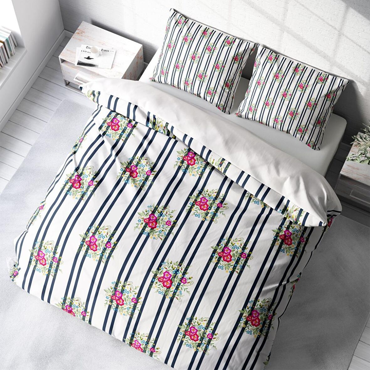 Monohome Ribbon 3D Temalı Pamuk Saten Çift Kişilik Nevresim Takımı