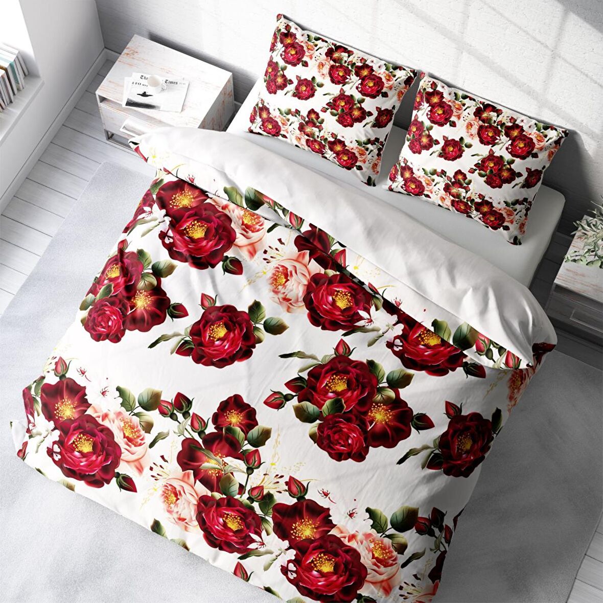 Monohome Red Rose Çiçekli Pamuk Saten Çift Kişilik Nevresim Takımı