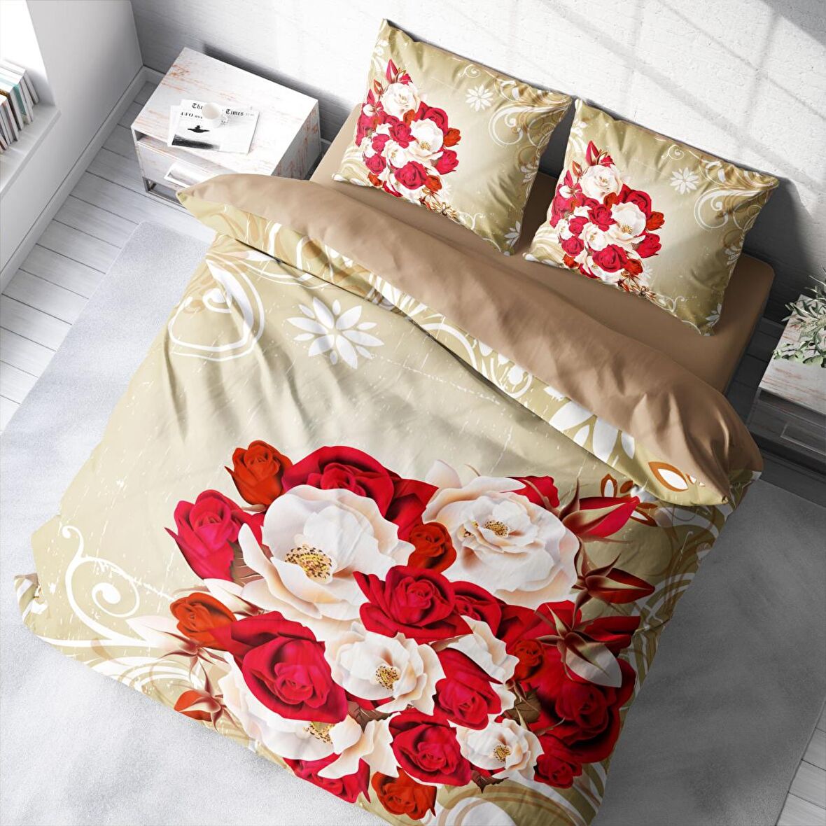 Monohome Rose1007 Çiçekli Pamuk Saten Çift Kişilik Nevresim Takımı