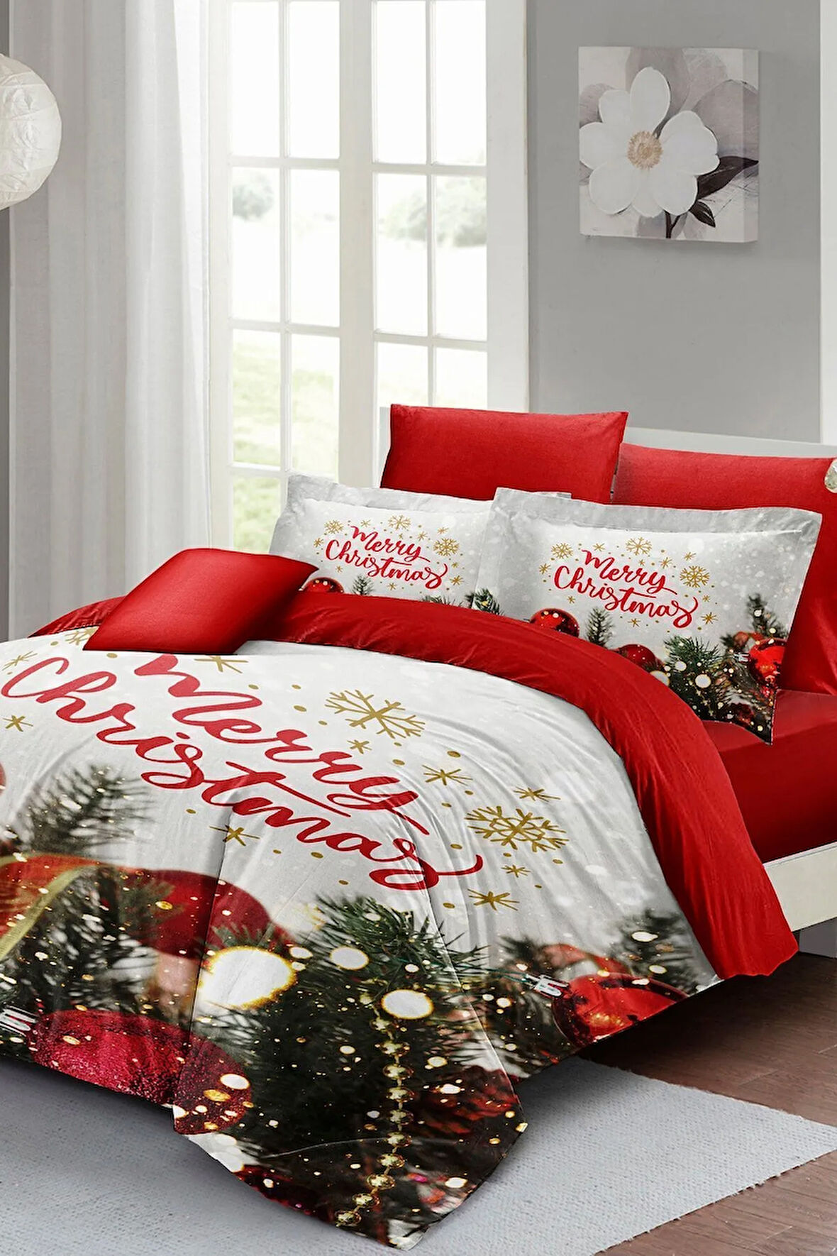 Yılbaşı Nevresim Takım %100 Doğal Pamuk Saten Noel Çift Kişilik Noel