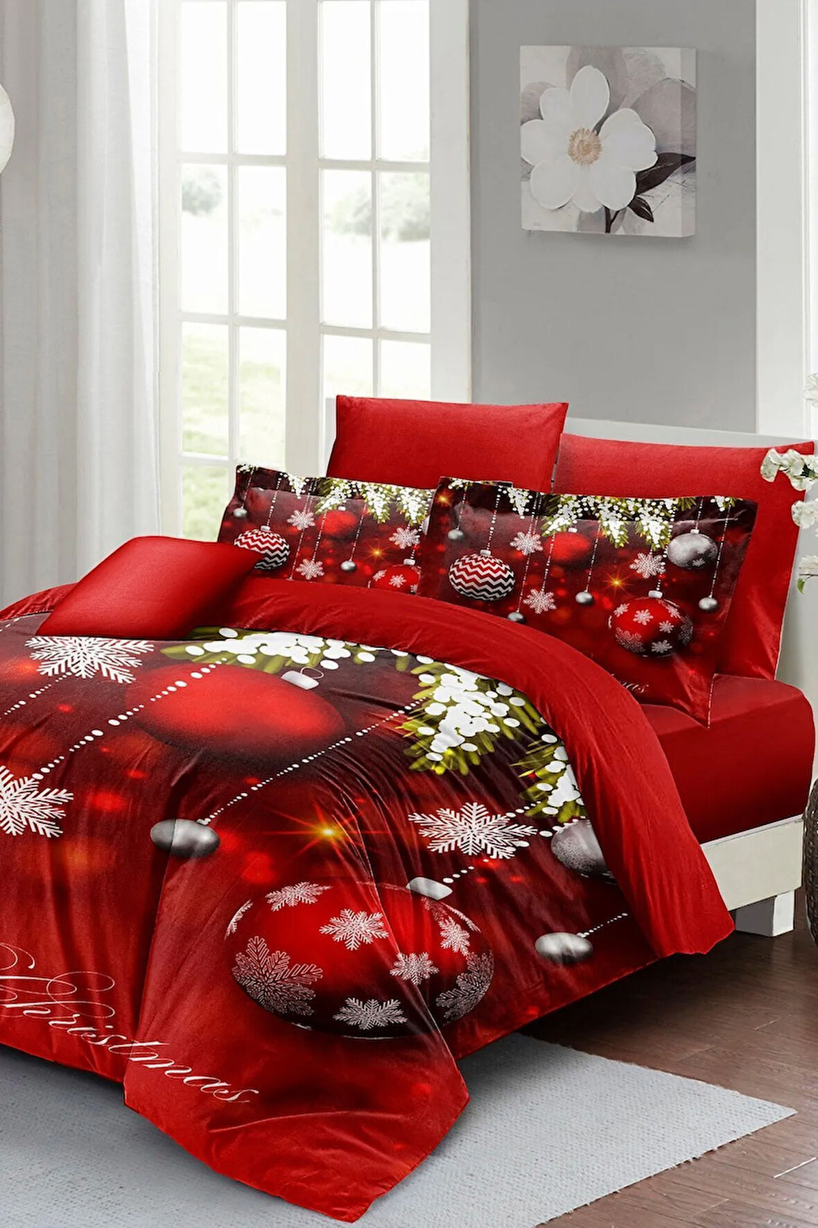 Yılbaşı Nevresim Takım %100 Doğal Pamuk Saten Noel Çift Kişilik Balls