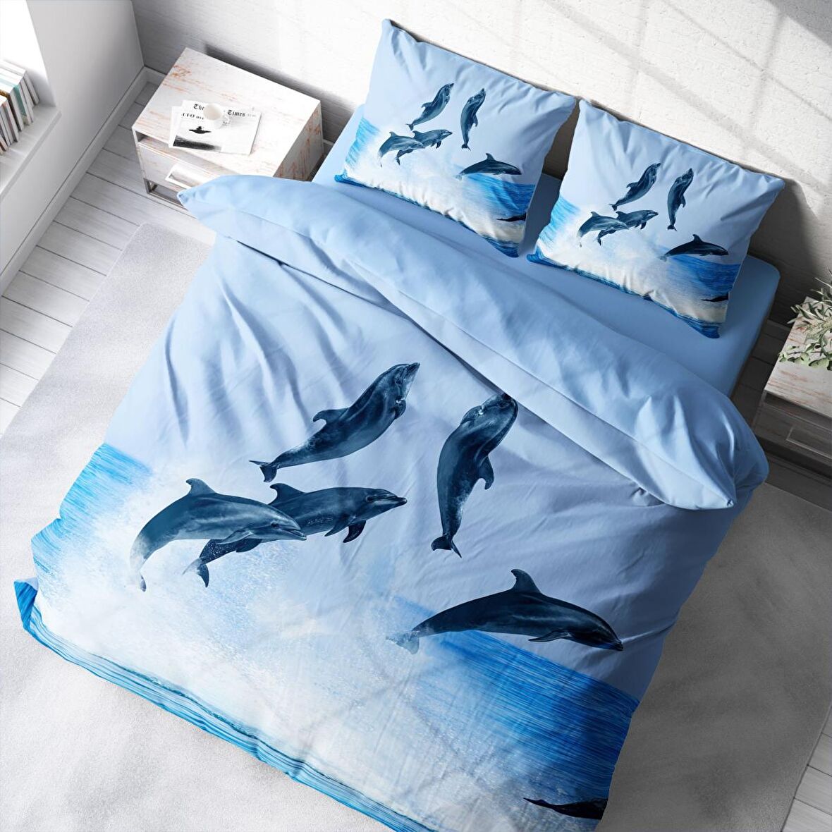 Monohome Dolphin2 Hayvan Figürlü Pamuk Saten Çift Kişilik Nevresim Takımı