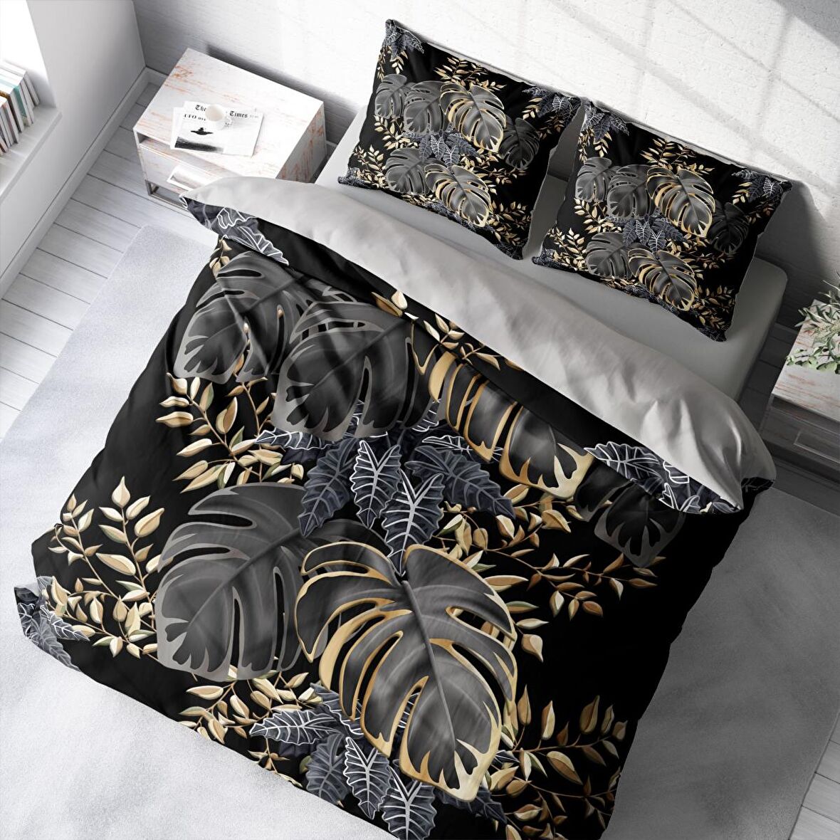 Monohome Leaf Yapraklı Pamuk Saten Çift Kişilik Nevresim Takımı