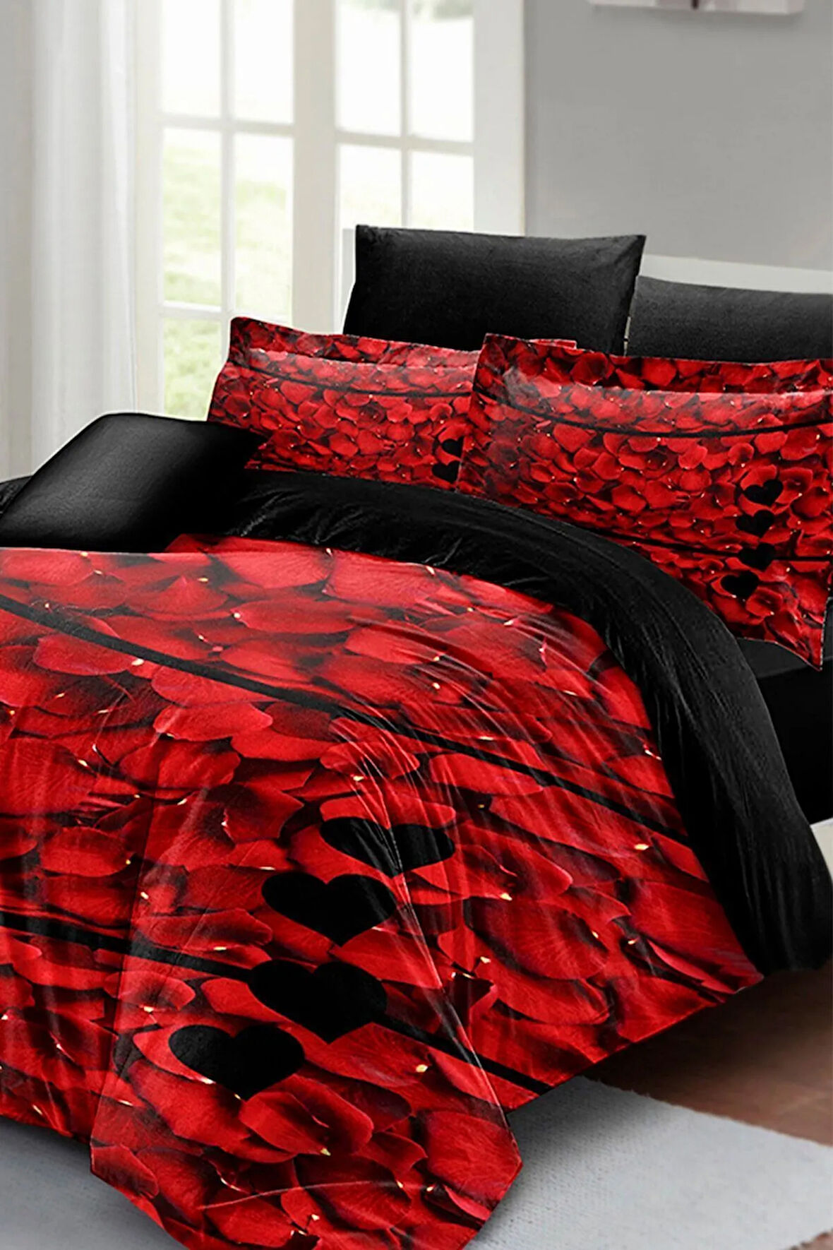 Nevresim Takımı %100 Doğal Pamuk Çift Kişilik 3d Digital Rose Feather
