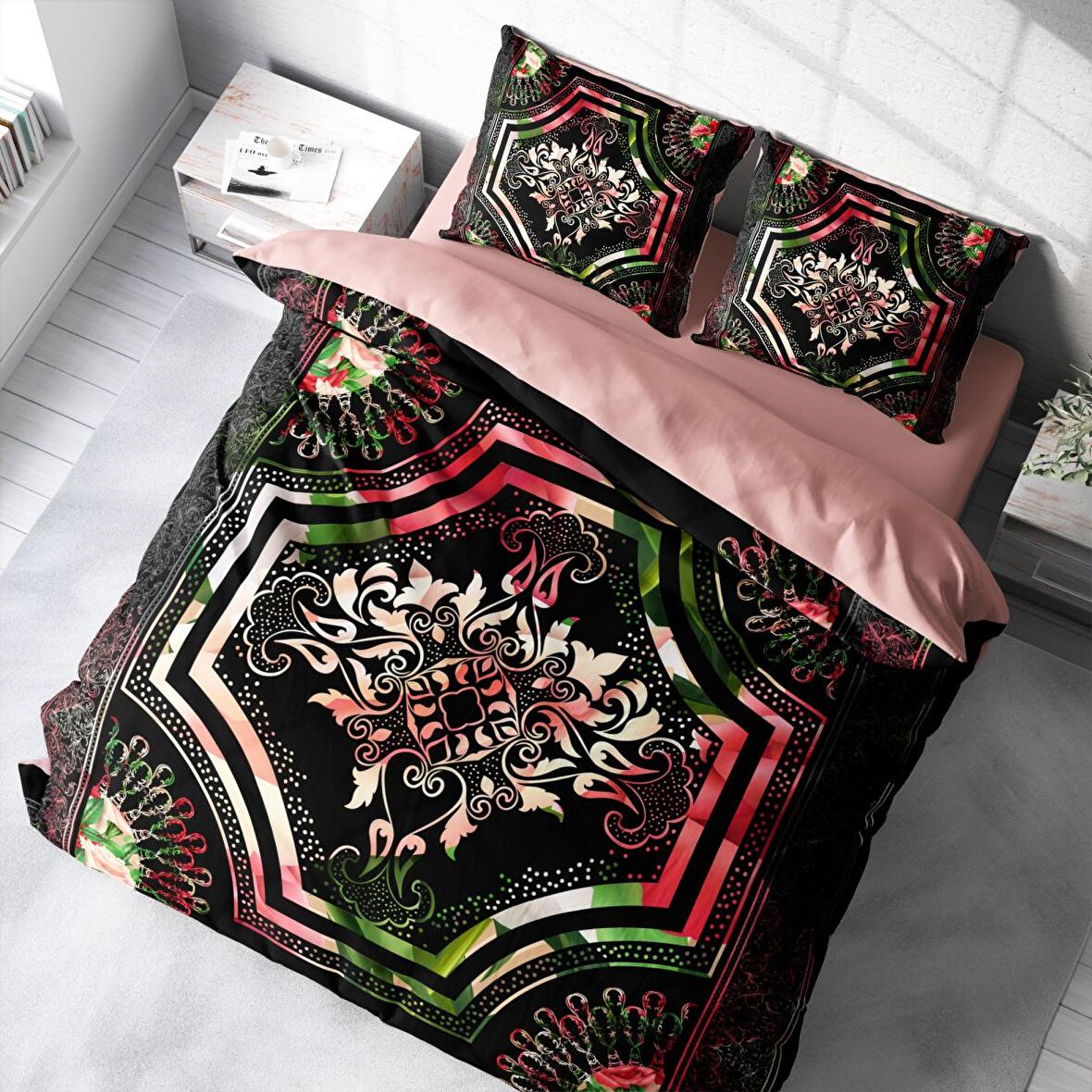 Monohome Rose Pattern 3D Temalı Pamuk Saten Çift Kişilik Nevresim Takımı