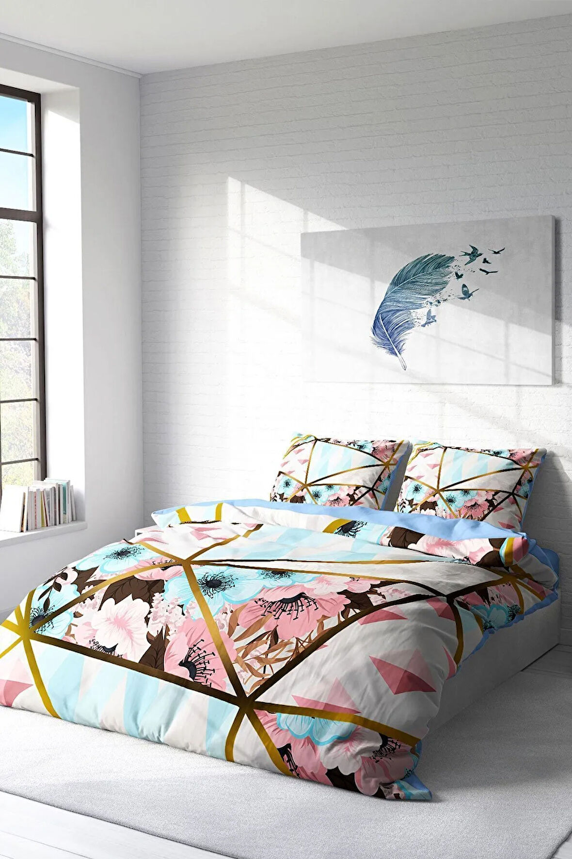 Nevresim Takımı %100 Doğal Pamuk Çift Kişilik 3d Digital Goldline Flowers