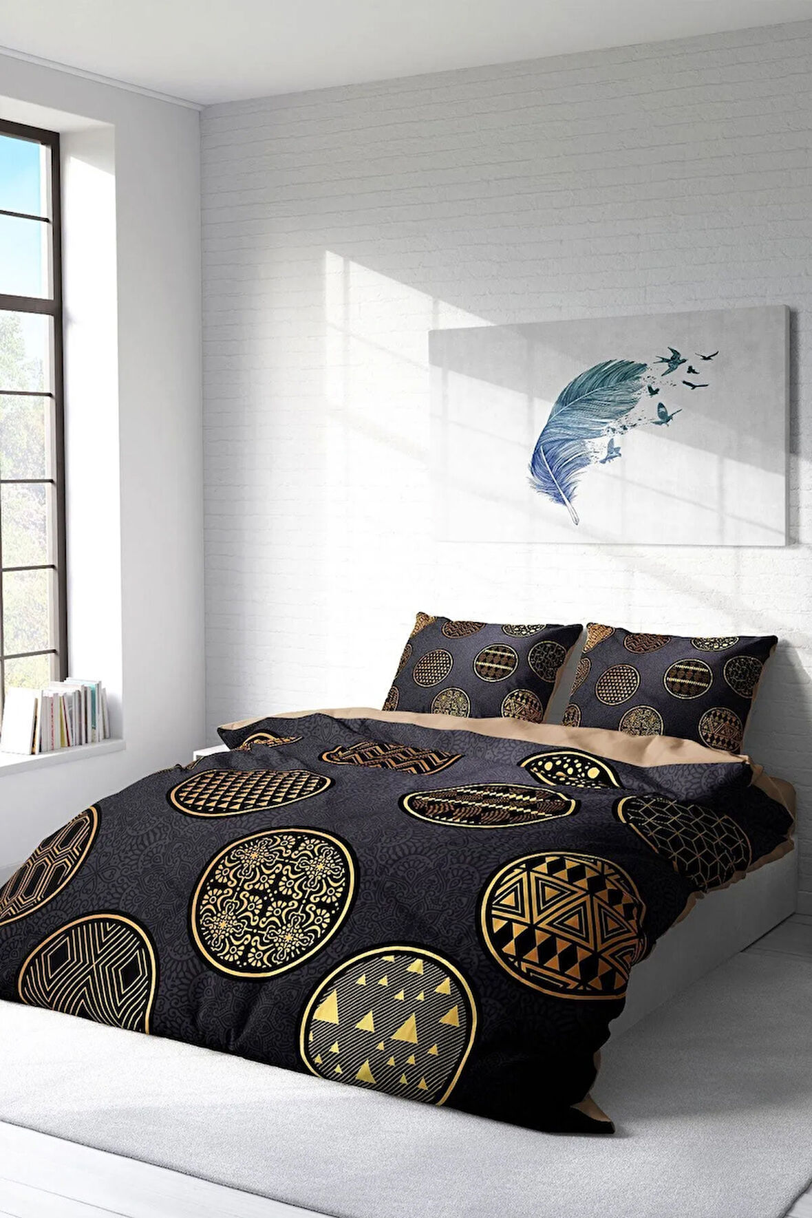 Nevresim Takımı %100 Doğal Pamuk Çift Kişilik 3d Digital Gold Black Circle