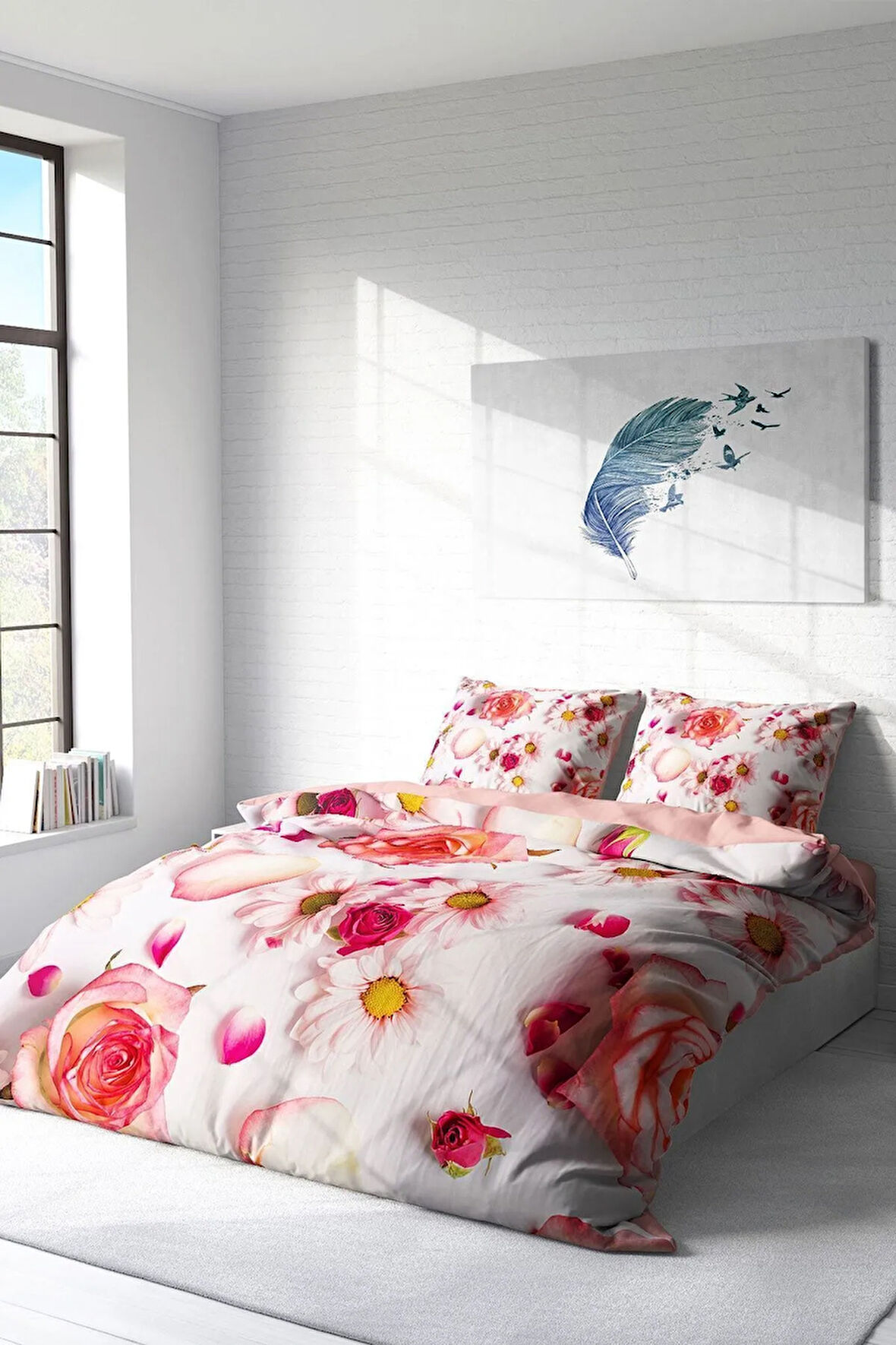 Nevresim Takımı %100 Doğal Pamuk Çift Kişilik 3d Digital White Rose