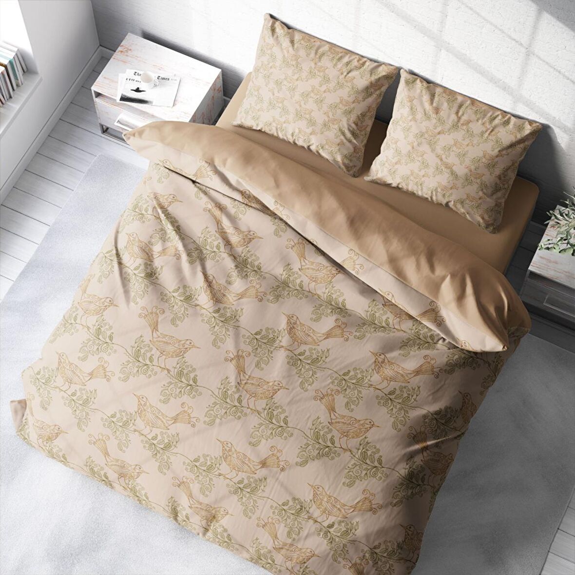 Monohome Bird Desing 3D Temalı Pamuk Saten Çift Kişilik Nevresim Takımı