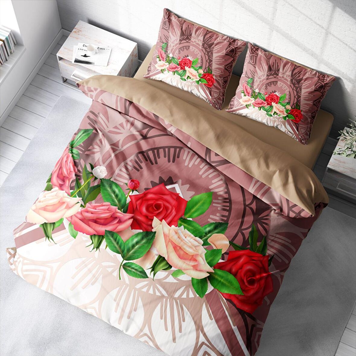 Monohome Brown & Rose 3D Temalı Pamuk Saten Çift Kişilik Nevresim Takımı