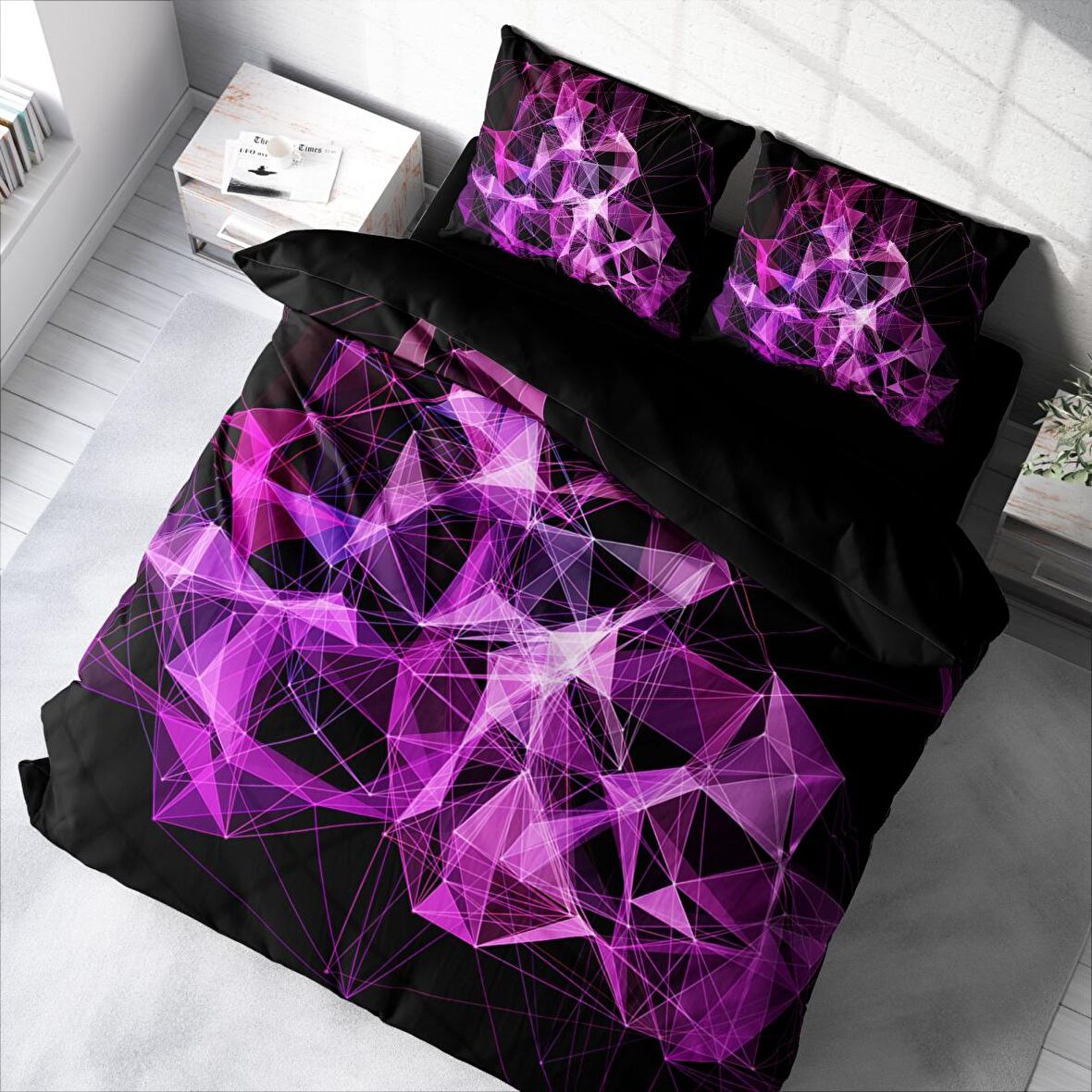 Monohome Purple Diamond 3D Temalı Pamuk Saten Çift Kişilik Nevresim Takımı