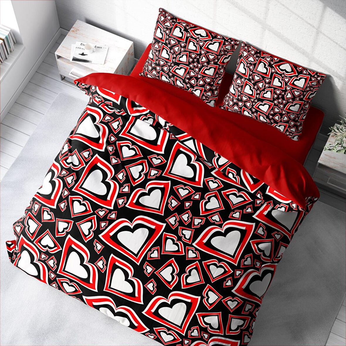 Monohome Heart Lips Kalp Temalı Pamuk Saten Çift Kişilik Nevresim Takımı