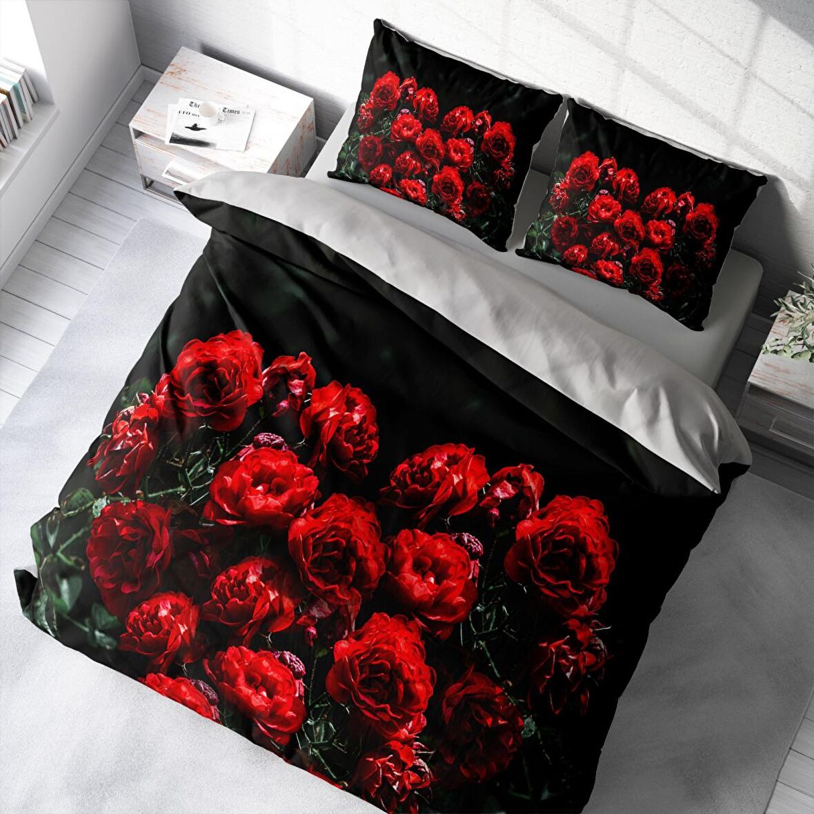 Monohome Red Roses Çiçekli Pamuk Saten Çift Kişilik Nevresim Takımı