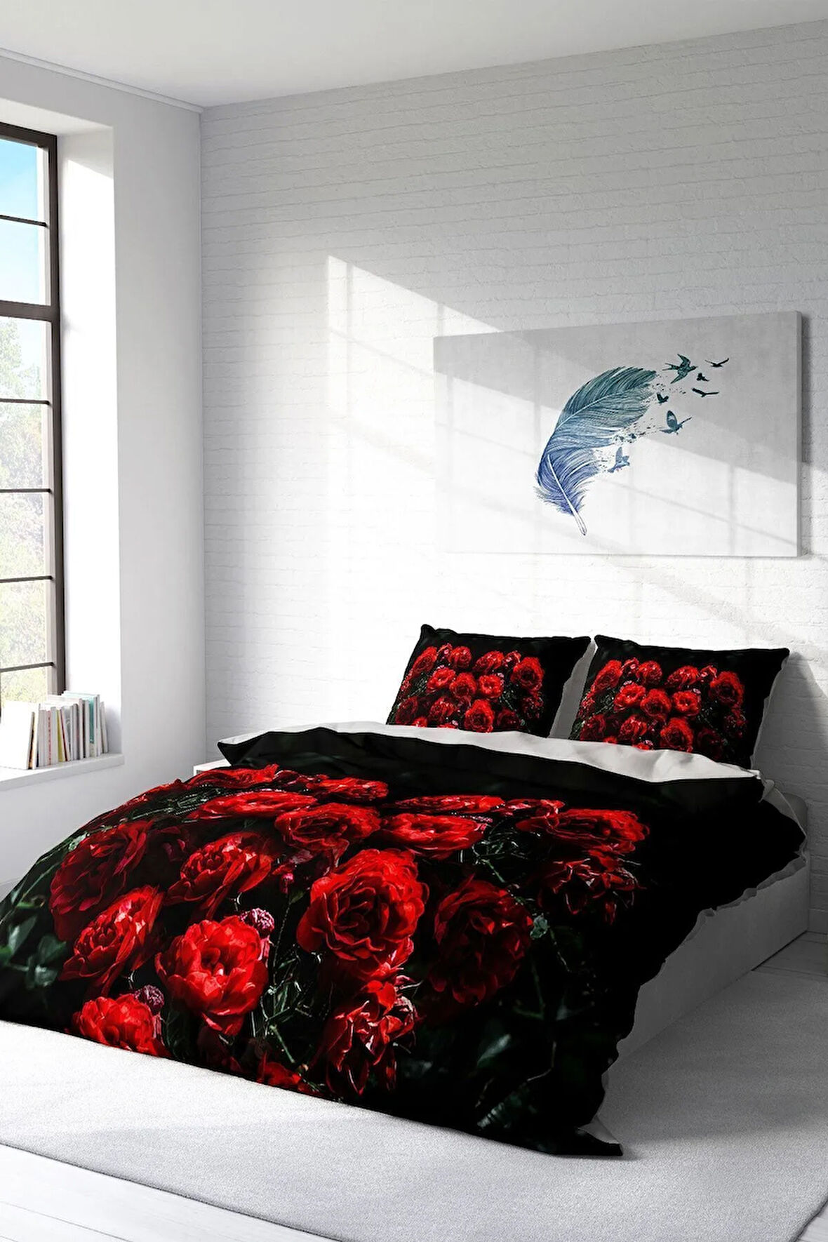 Nevresim Takımı %100 Doğal Pamuk Çift Kişilik 3d Digital Red Black Roses
