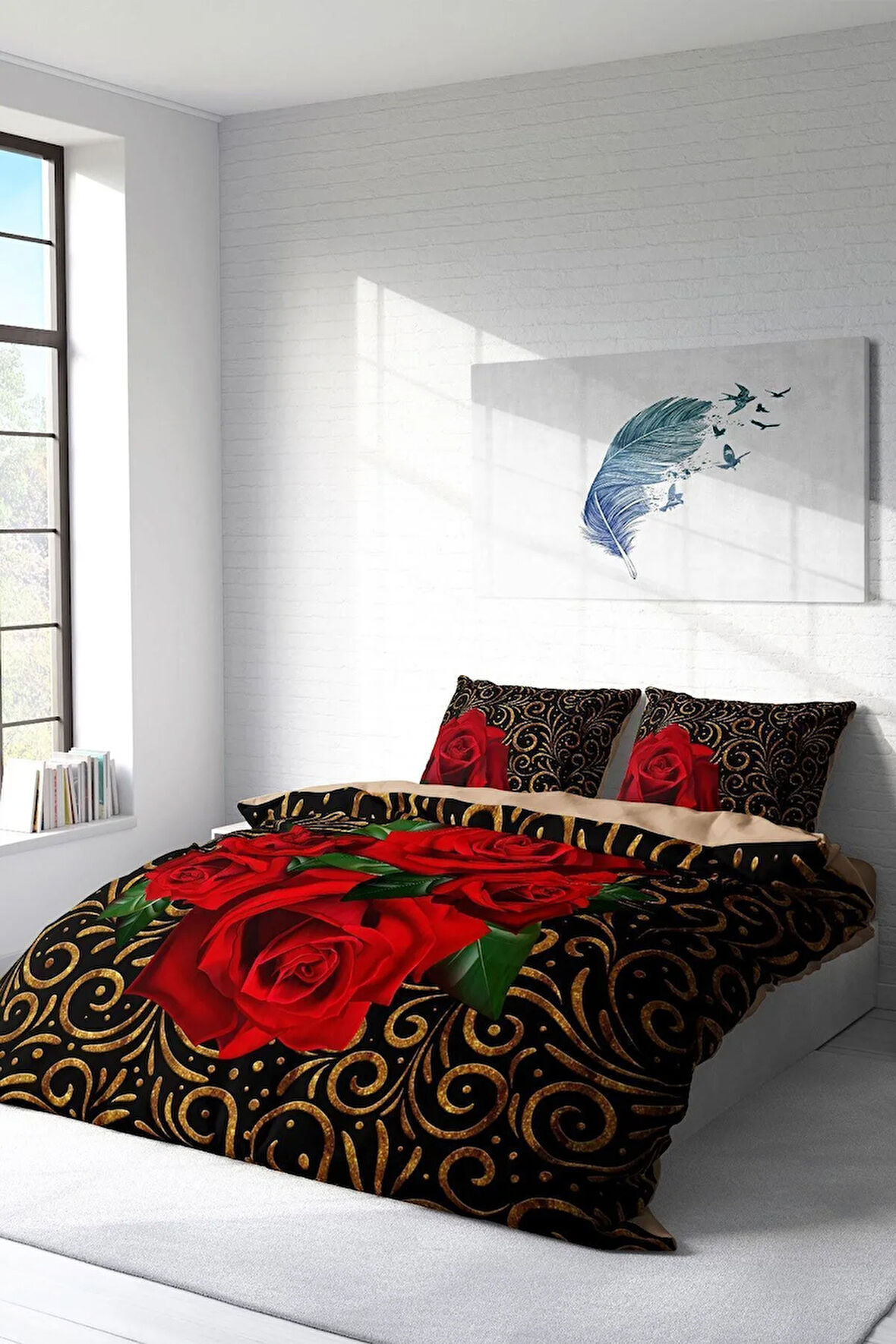 Nevresim Takımı %100 Doğal Pamuk Çift Kişilik 3d Digital Gold & Roses