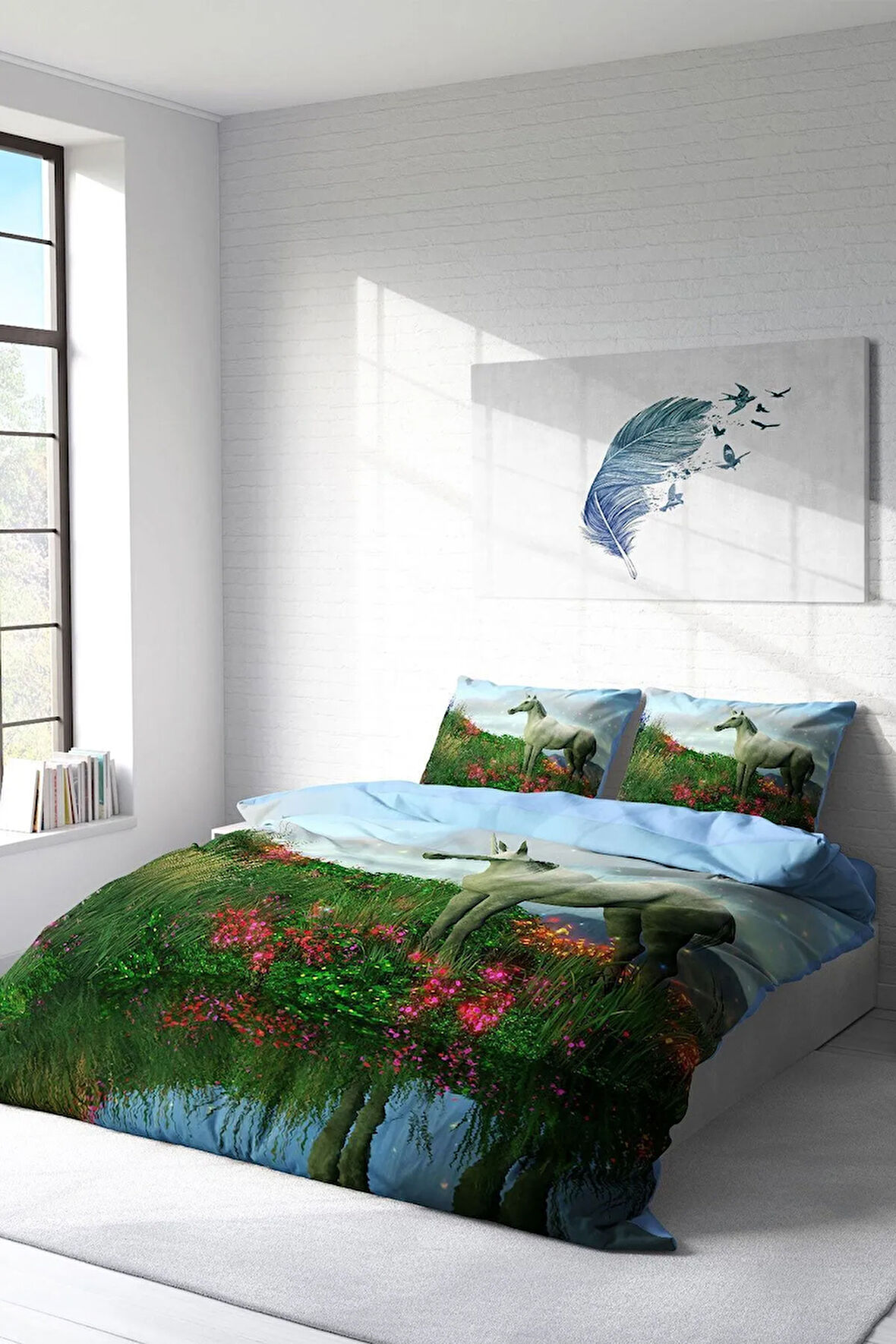 Nevresim Takımı %100 Doğal Pamuk Çift Kişilik 3d Digital Unicorn