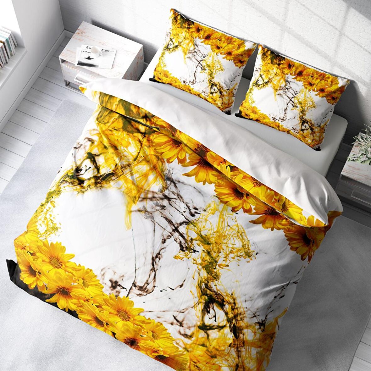 Monohome Yellow Daisy 3D Temalı Pamuk Saten Çift Kişilik Nevresim Takımı