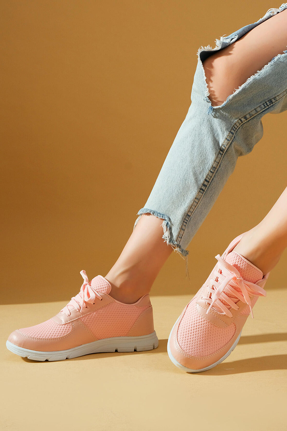 Pembe Potin Yeni Sezon Fileli Bağcıklı Rahat Taban Kadın Sneakers A1971-23