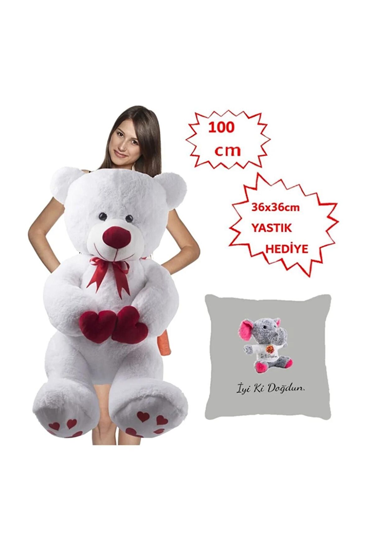 Özgüner 100 Cm Bobo Beyaz Peluş Ayı Yastık Fil Hediyeli