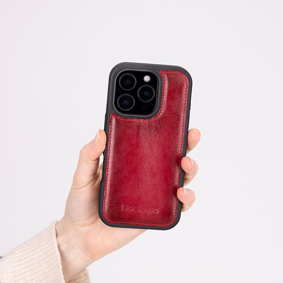 Bouletta Apple iPhone 16 Pro uyumlu, Hakiki Deri, El Yapımı Kılıf, Gölgeli Kırmızı