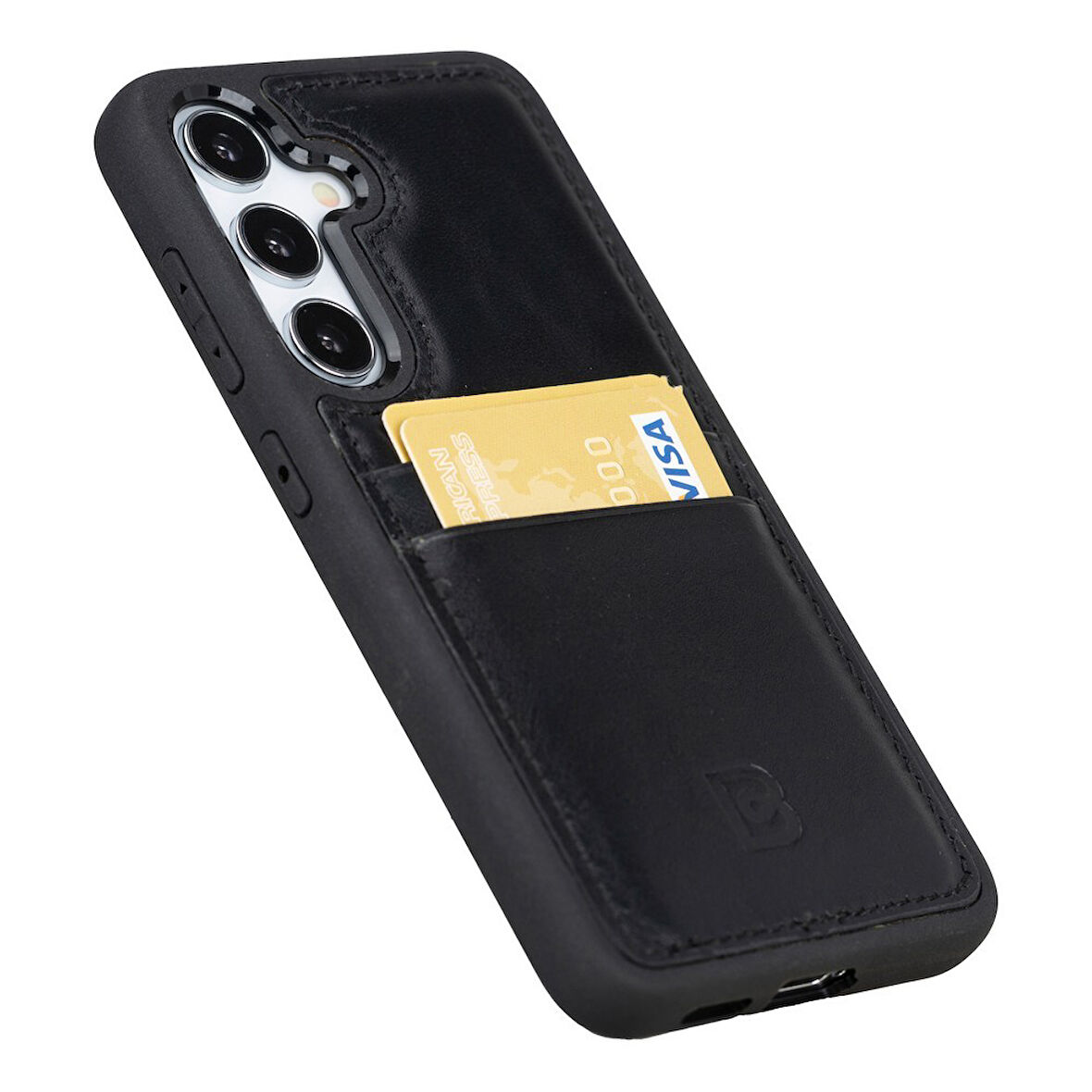 Bouletta Samsung Galaxy S25 Uyumlu Hakiki Deri, El Yapımı Kart Yuvalı Kılıf, Parlak Siyah